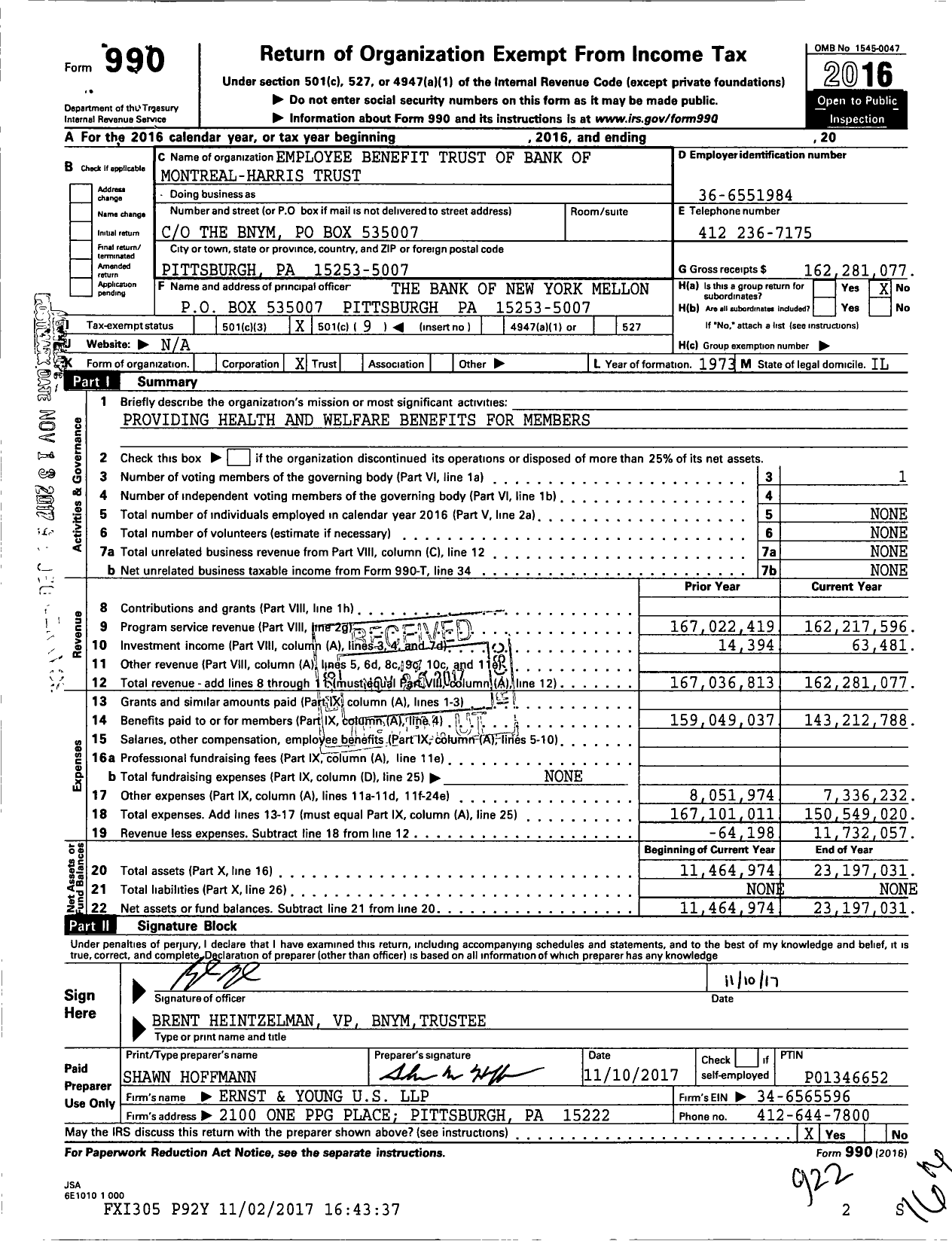 Image of first page of 2016 Form 990O for Employee Benefit Trust of Bank of