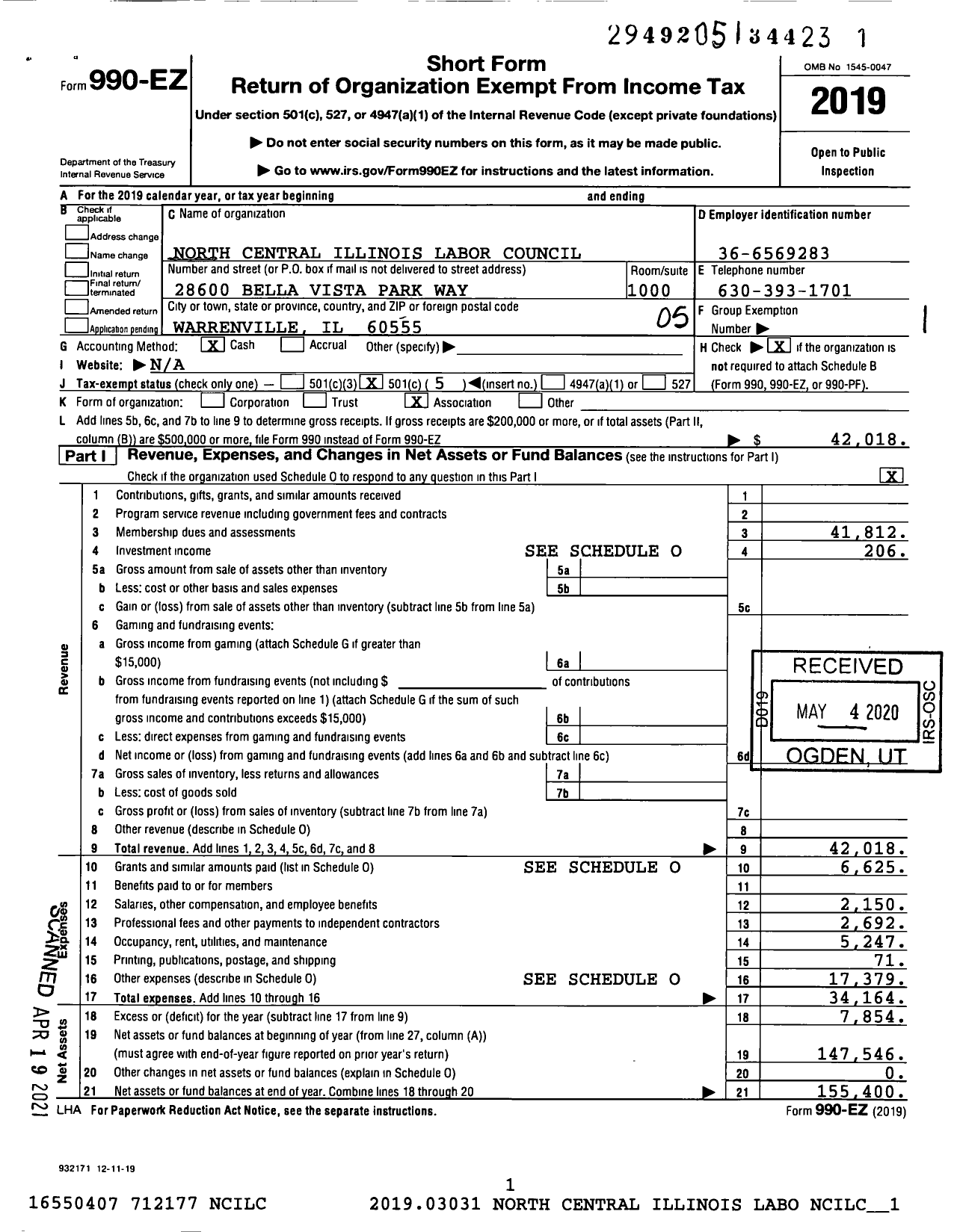 Image of first page of 2019 Form 990EO for AFL-CIO - North Central Illinois Labor Councl