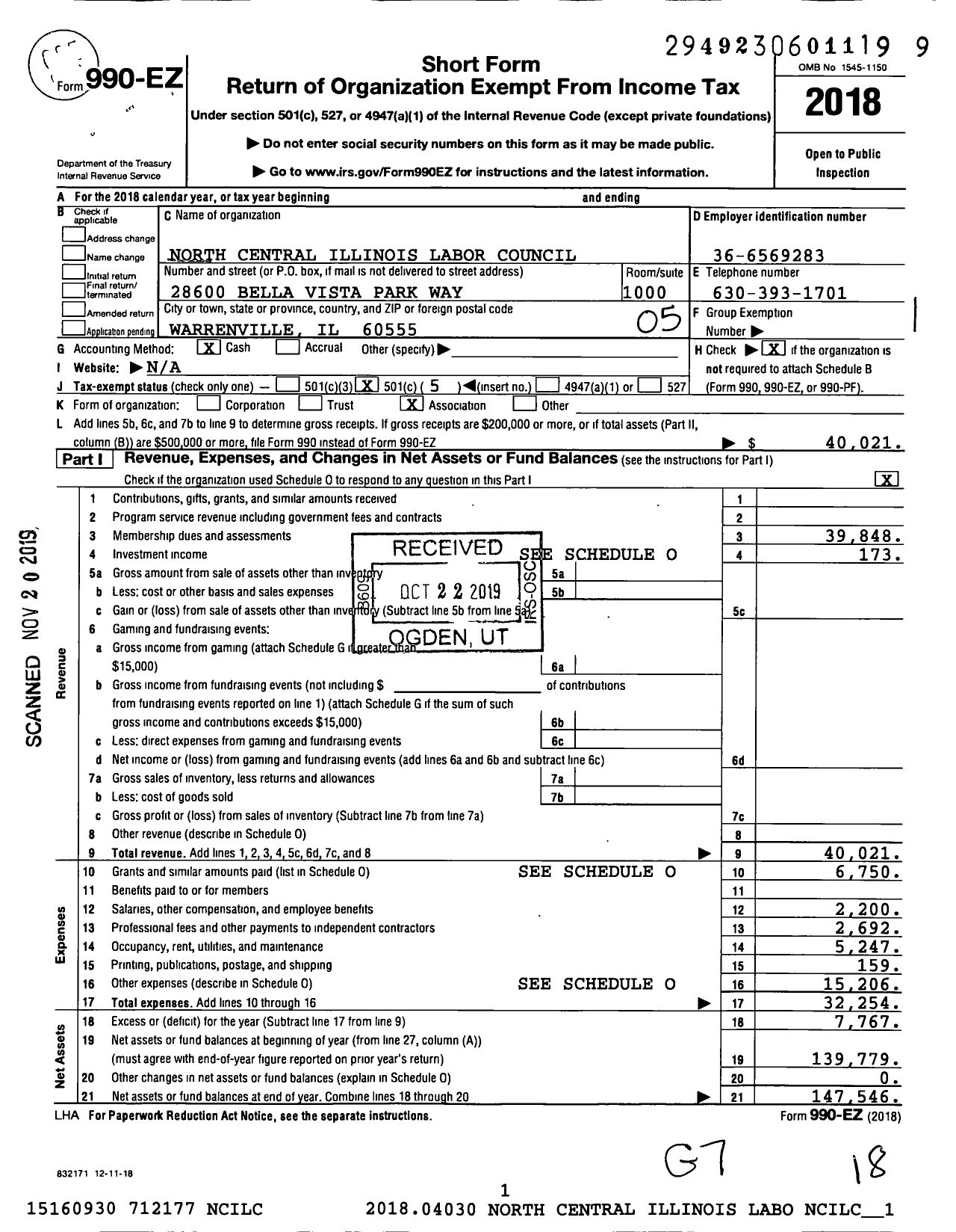 Image of first page of 2018 Form 990EO for AFL-CIO - North Central Illinois Labor Councl