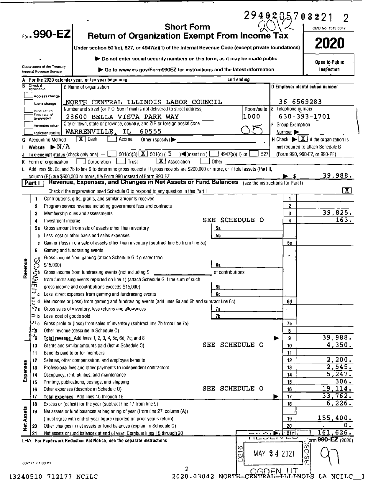 Image of first page of 2020 Form 990EO for AFL-CIO - North Central Illinois Labor Councl