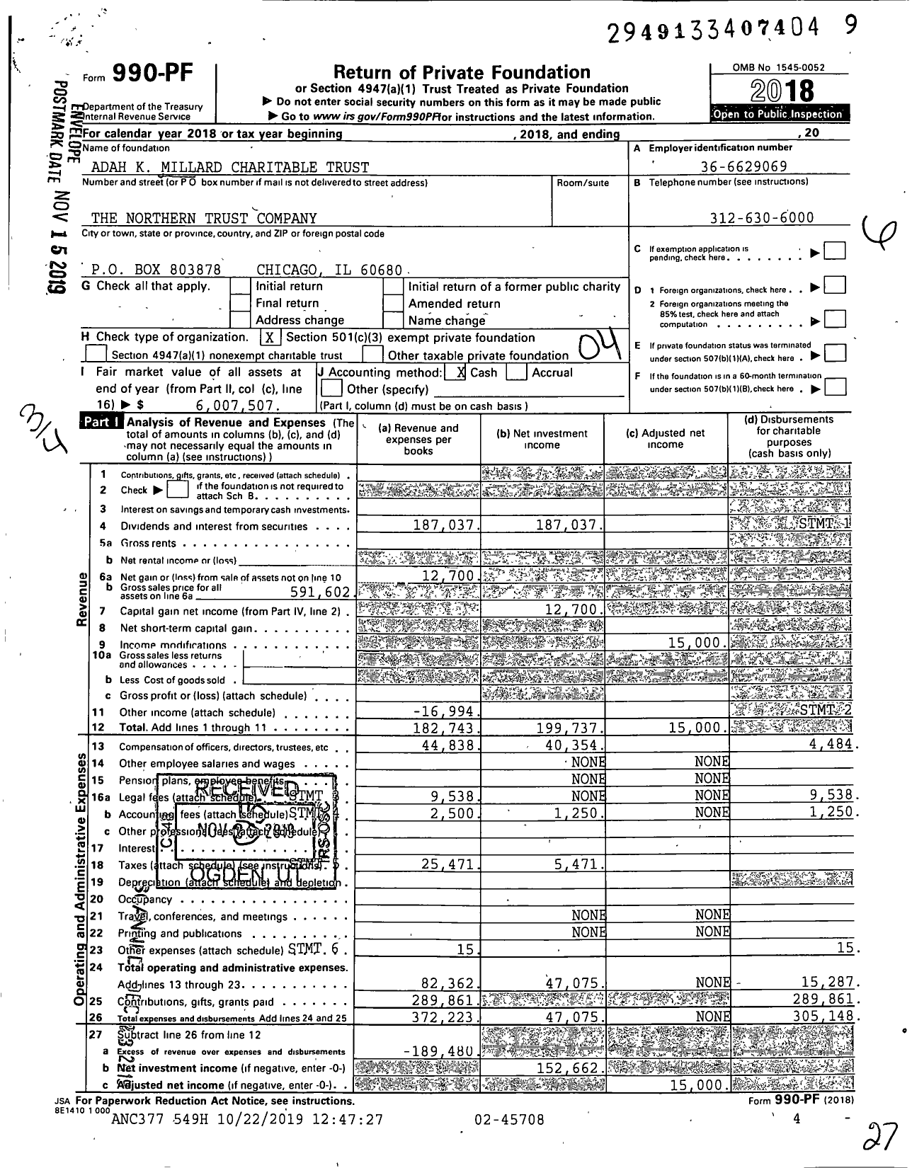 Image of first page of 2018 Form 990PF for Adah K Millard Charitable Trust