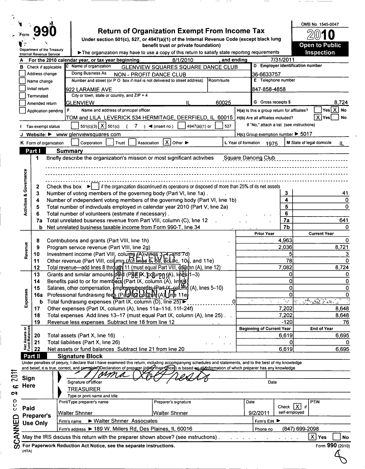 Image of first page of 2010 Form 990O for Metropolitan Chicago Association of Square Dancers / Glenview Squares