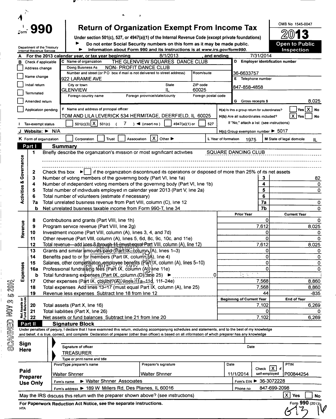 Image of first page of 2013 Form 990O for Metropolitan Chicago Association of Square Dancers / Glenview Squares