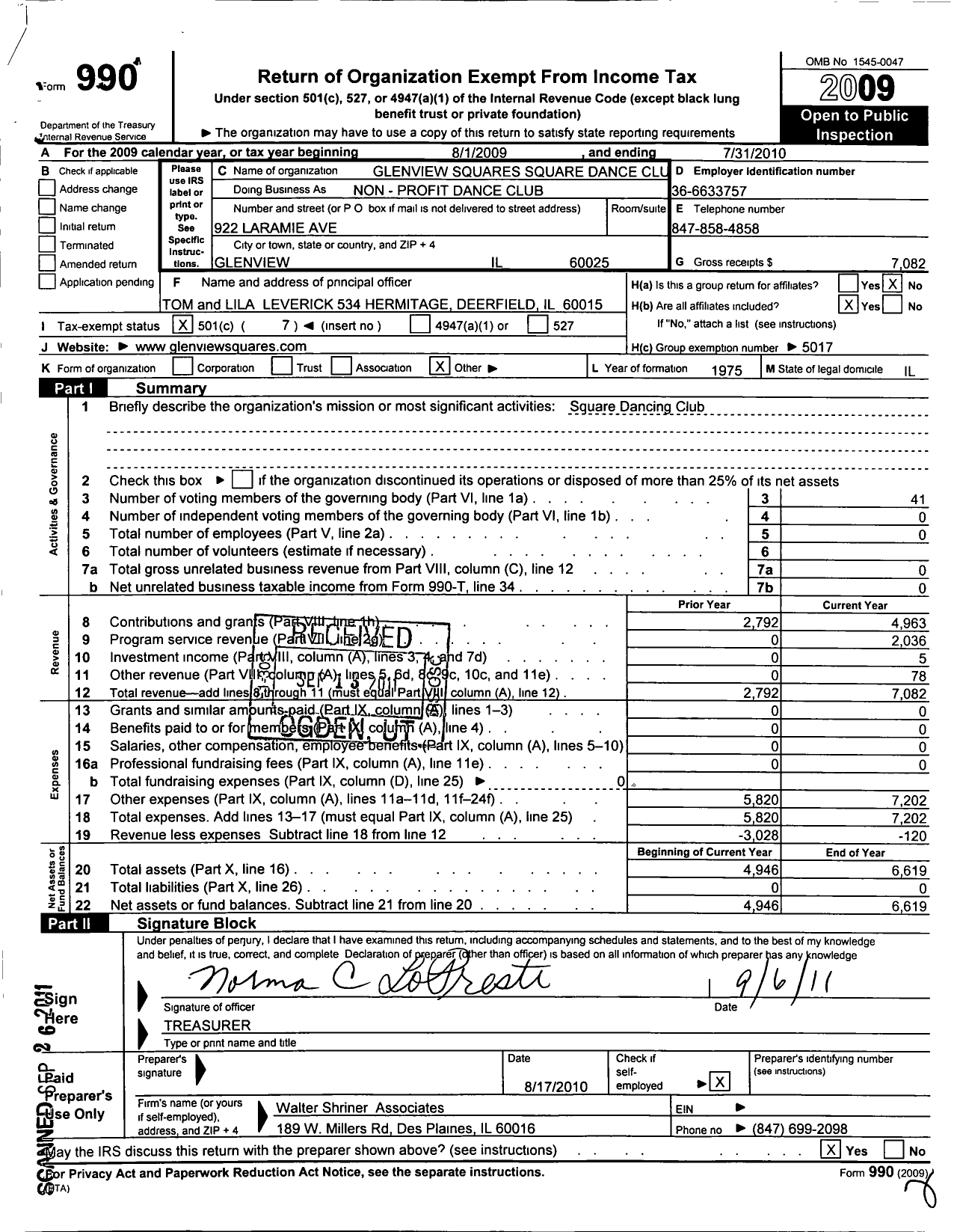 Image of first page of 2009 Form 990O for Metropolitan Chicago Association of Square Dancers / Glenview Squares