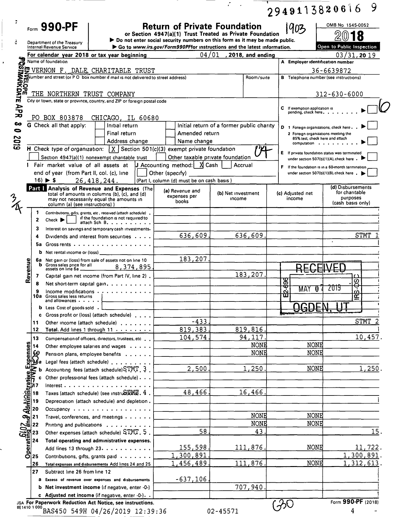 Image of first page of 2018 Form 990PF for Vernon F. Dale Charitable Trust