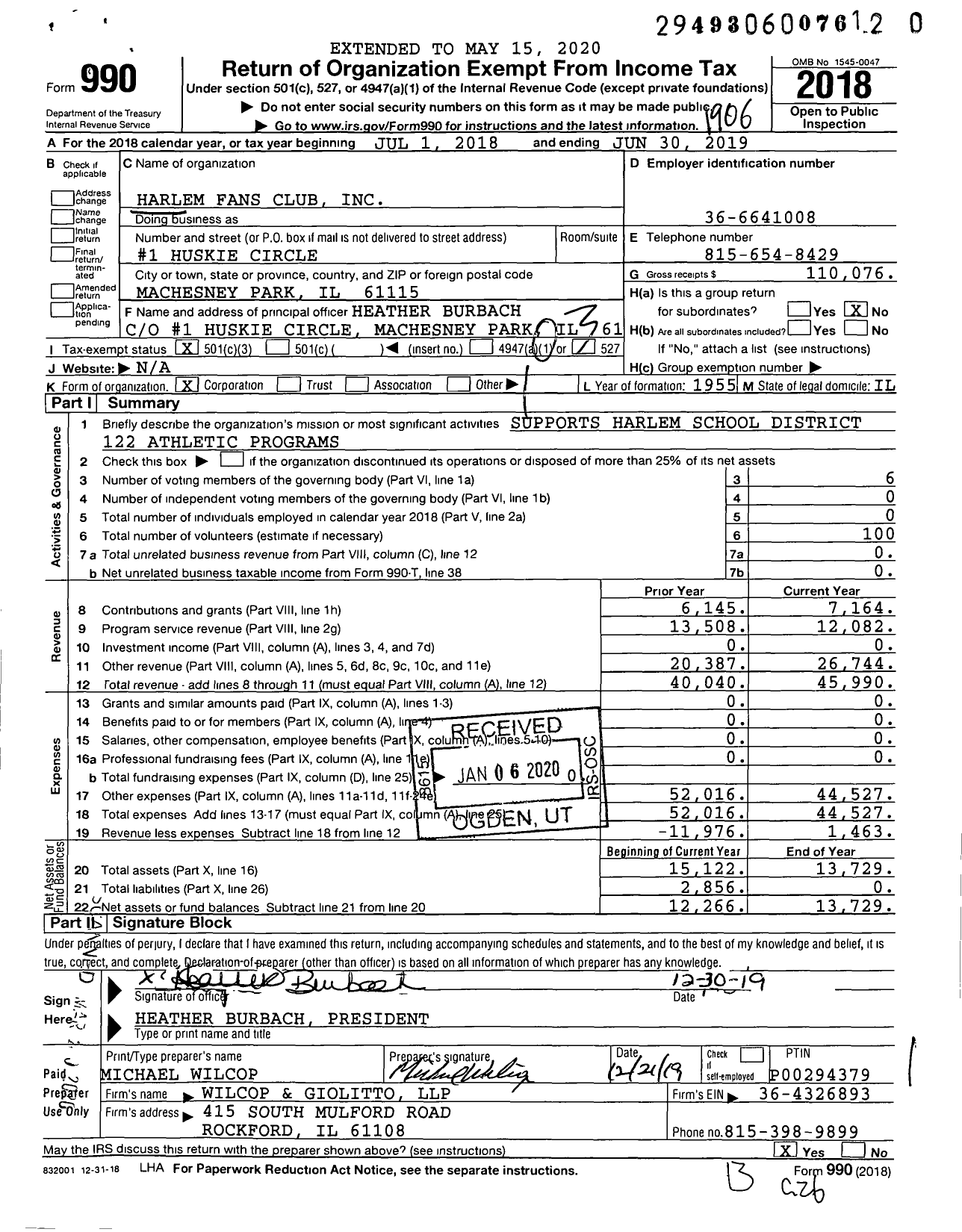 Image of first page of 2018 Form 990 for Harlem Fans Club