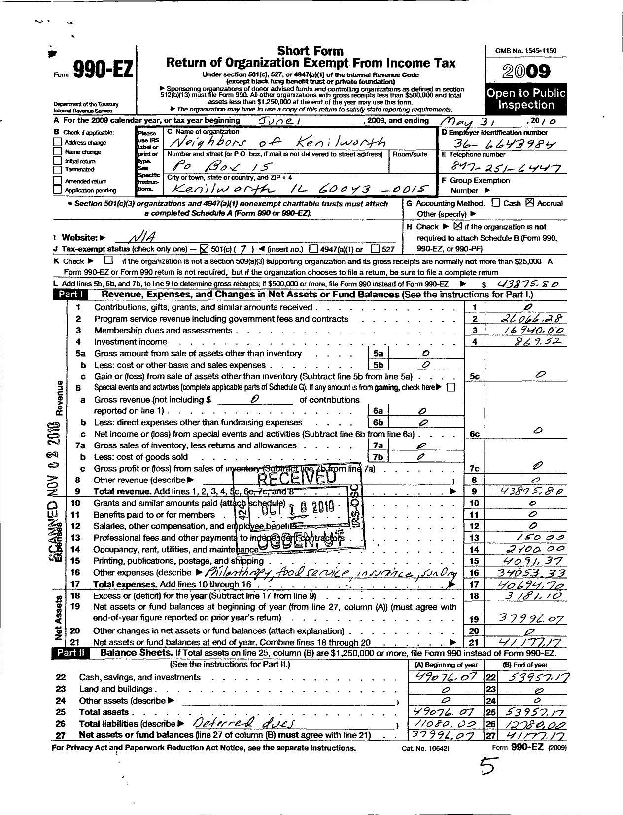 Image of first page of 2009 Form 990EO for Neighbors of Kenilworth