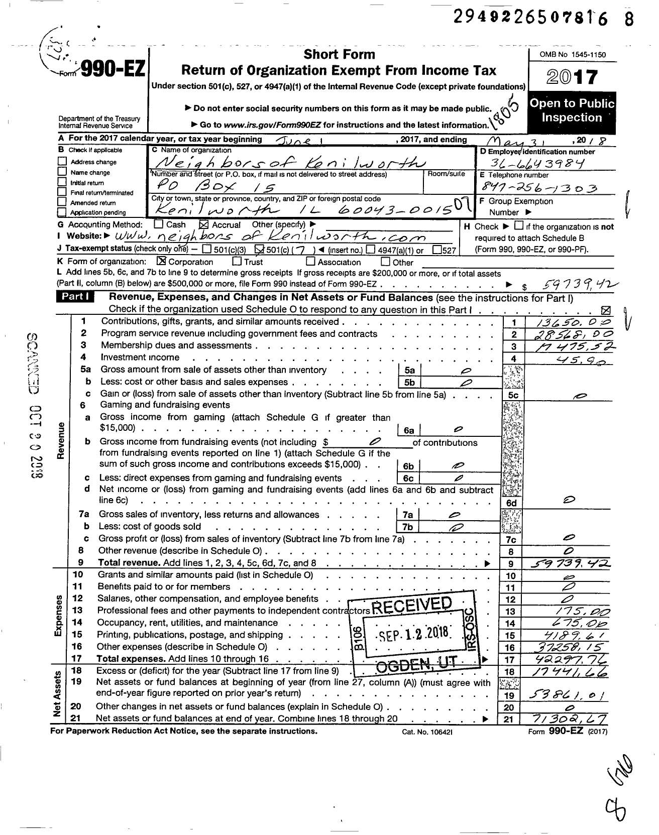 Image of first page of 2017 Form 990EO for Neighbors of Kenilworth