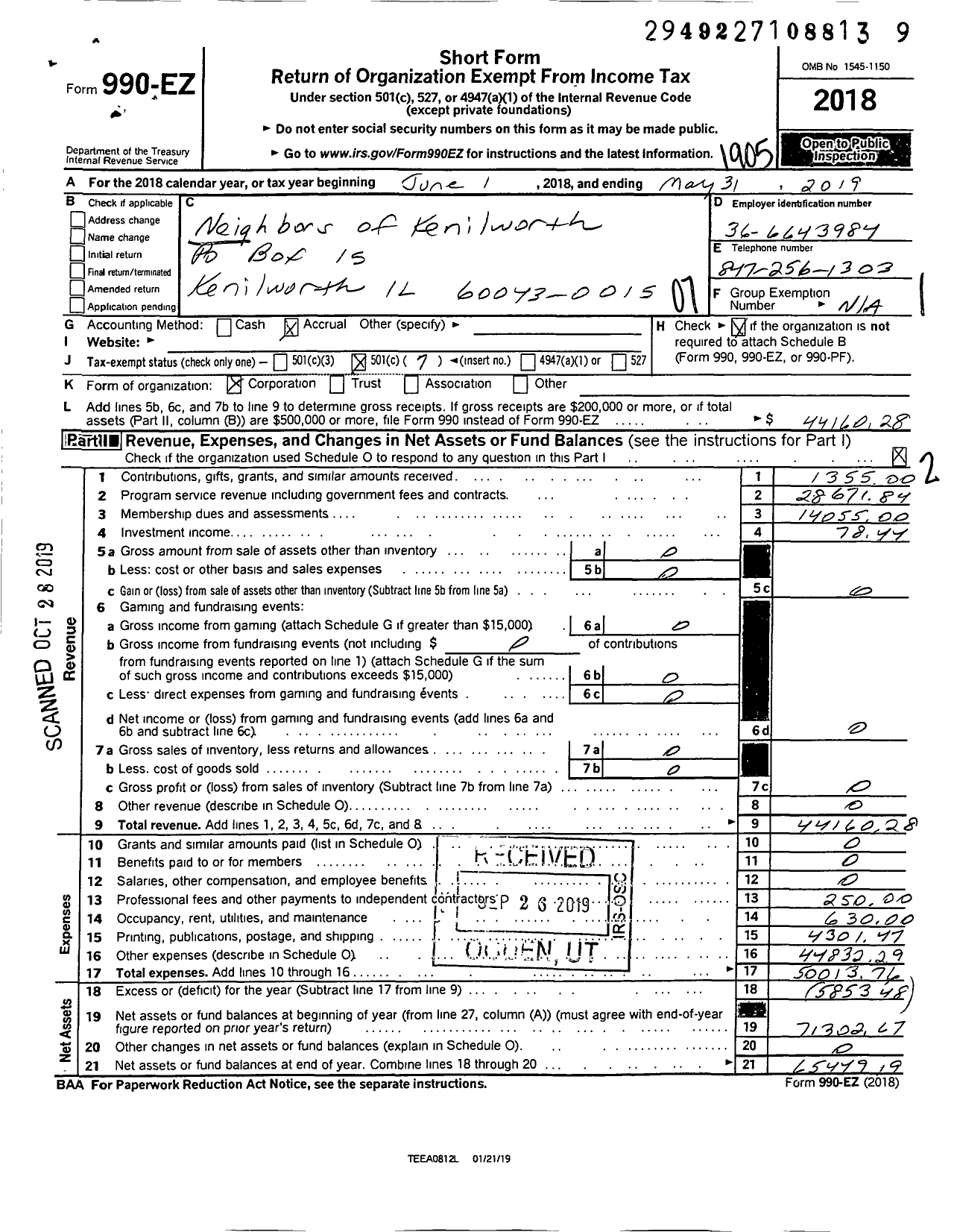 Image of first page of 2018 Form 990EO for Neighbors of Kenilworth