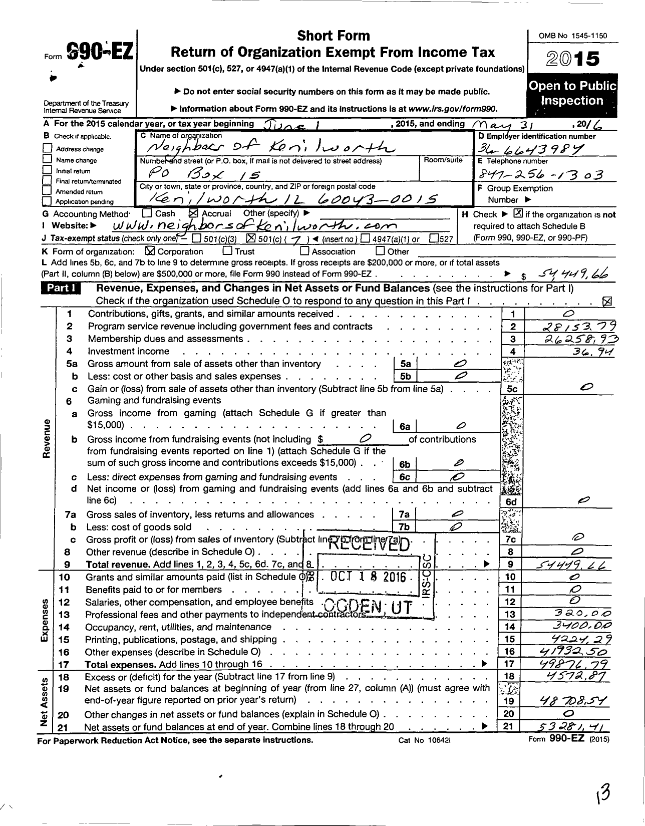 Image of first page of 2015 Form 990EO for Neighbors of Kenilworth