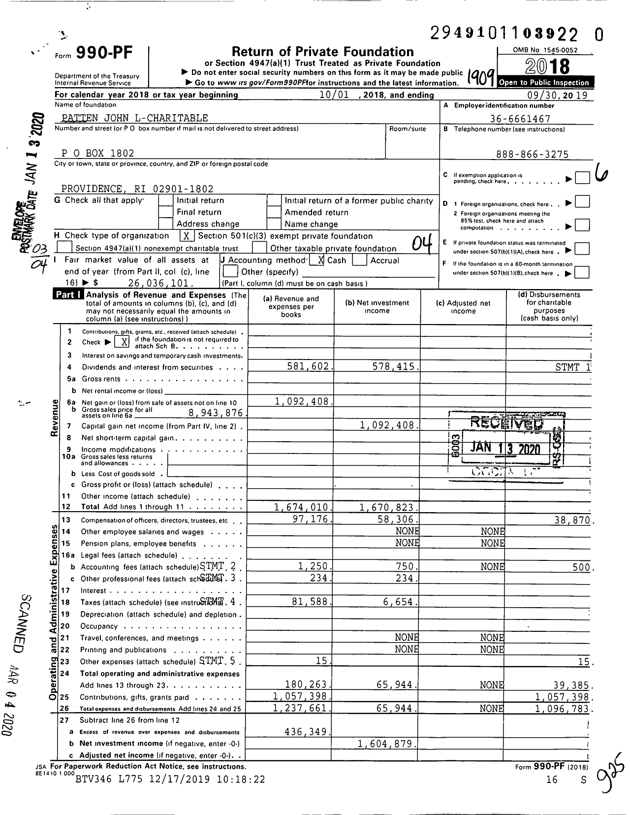 Image of first page of 2018 Form 990PR for Patten John L-Charitable