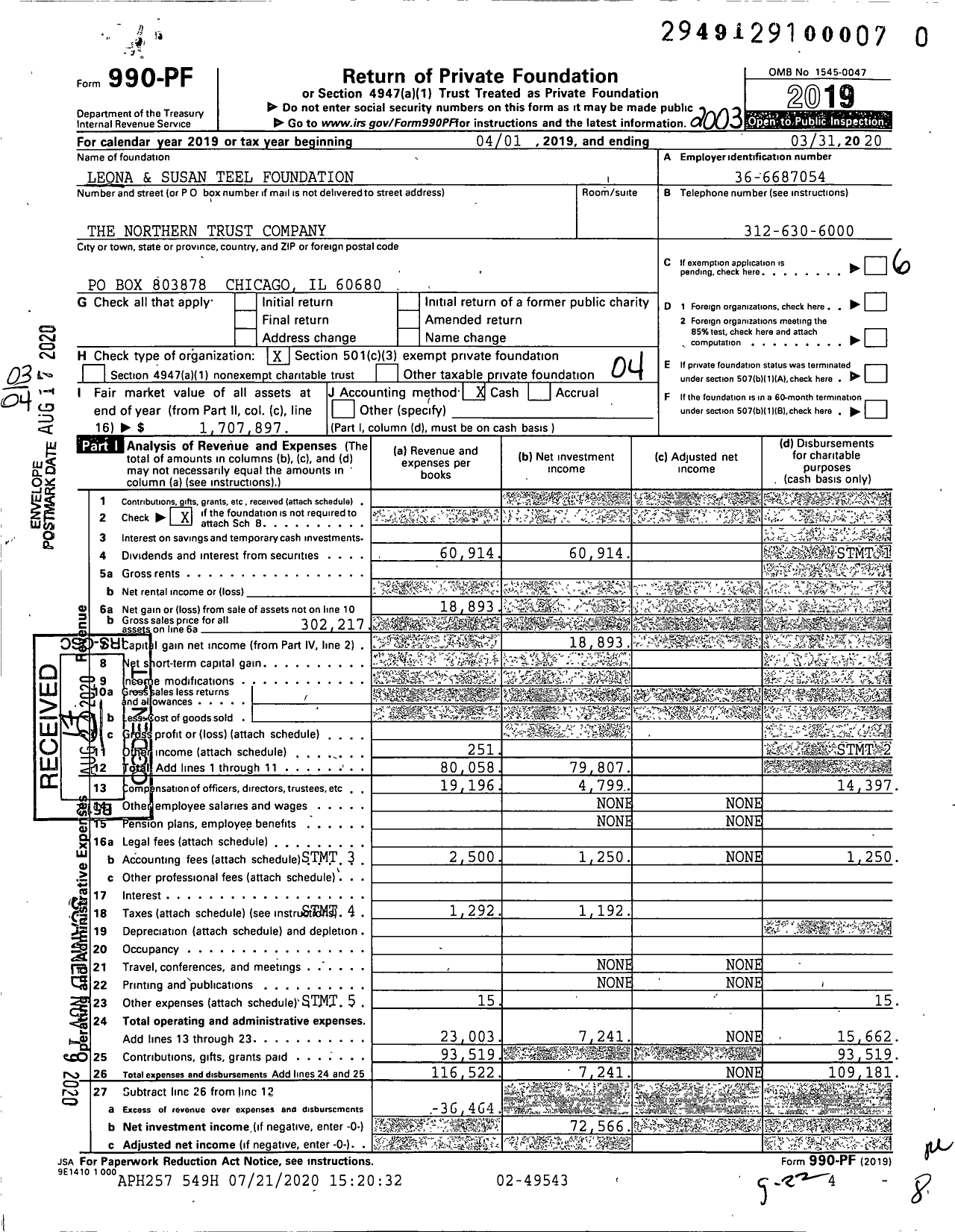 Image of first page of 2019 Form 990PF for Leona and Susan Teel Foundation