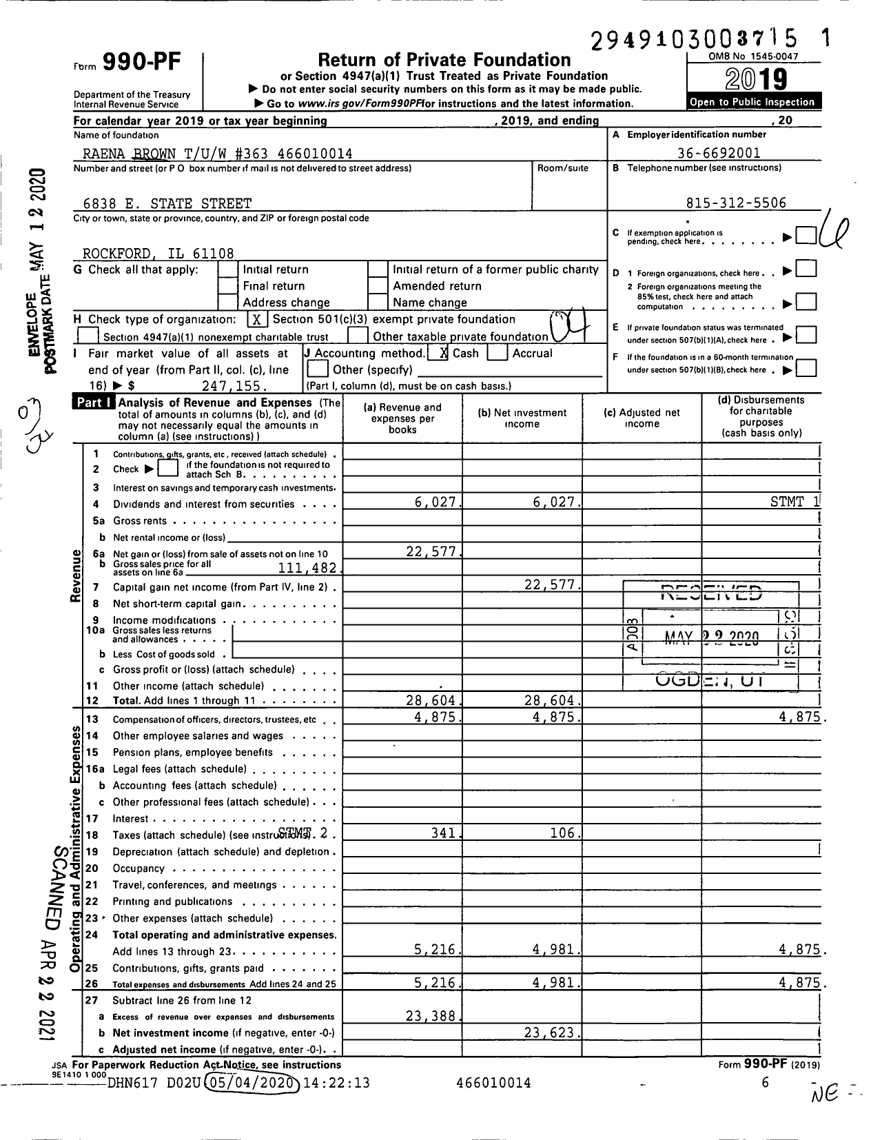 Image of first page of 2019 Form 990PF for Raena Brown Tuw #363