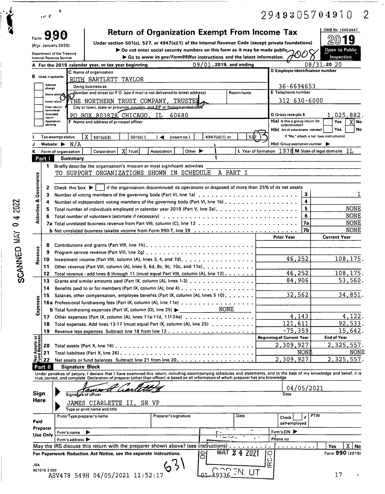 Image of first page of 2019 Form 990 for Ruth Bartlett Taylor