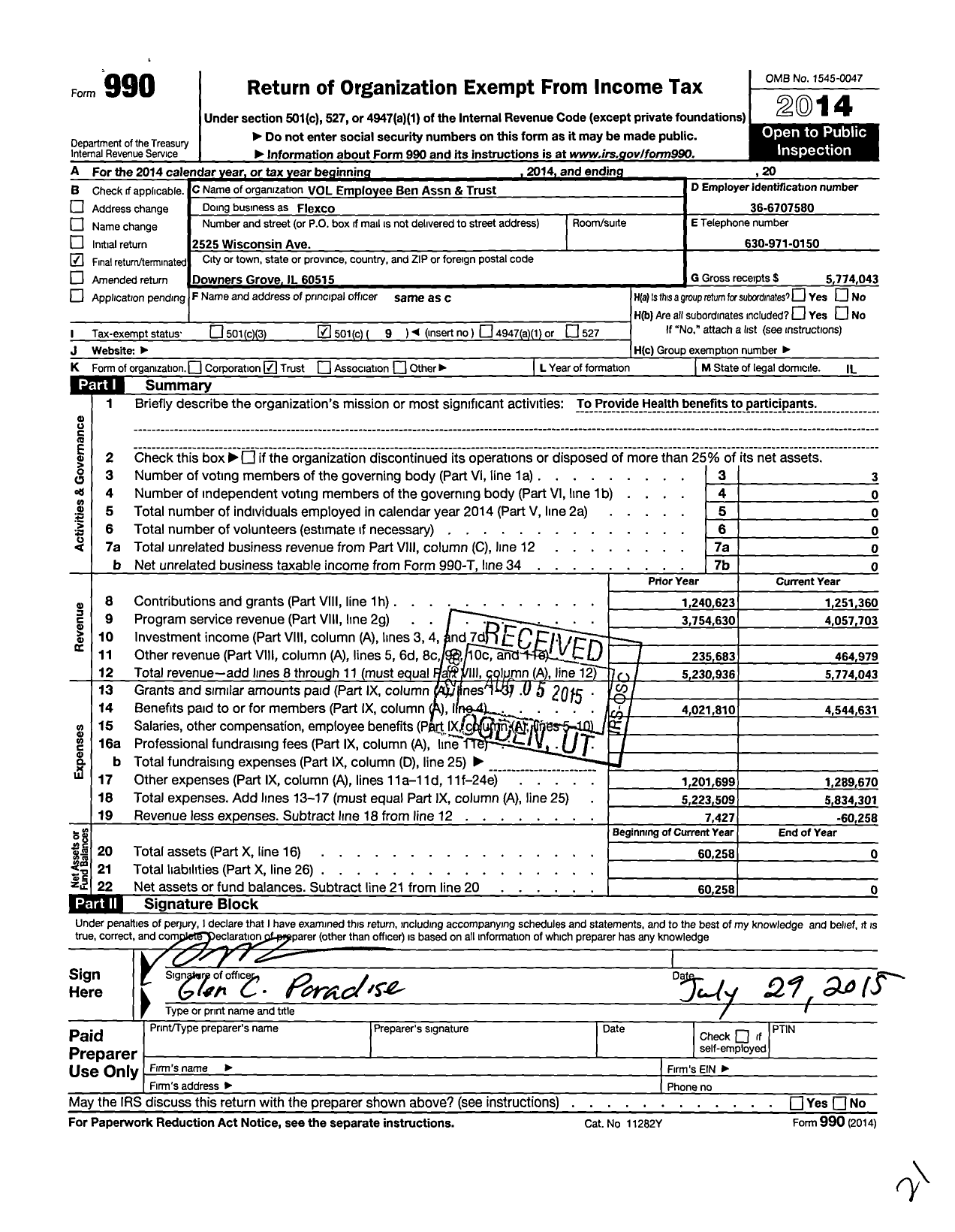 Image of first page of 2014 Form 990O for Vol Employee Ben Association and Trust