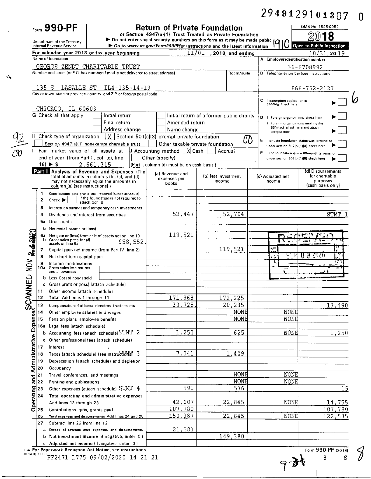 Image of first page of 2018 Form 990PF for George Zendt Charitable Trust