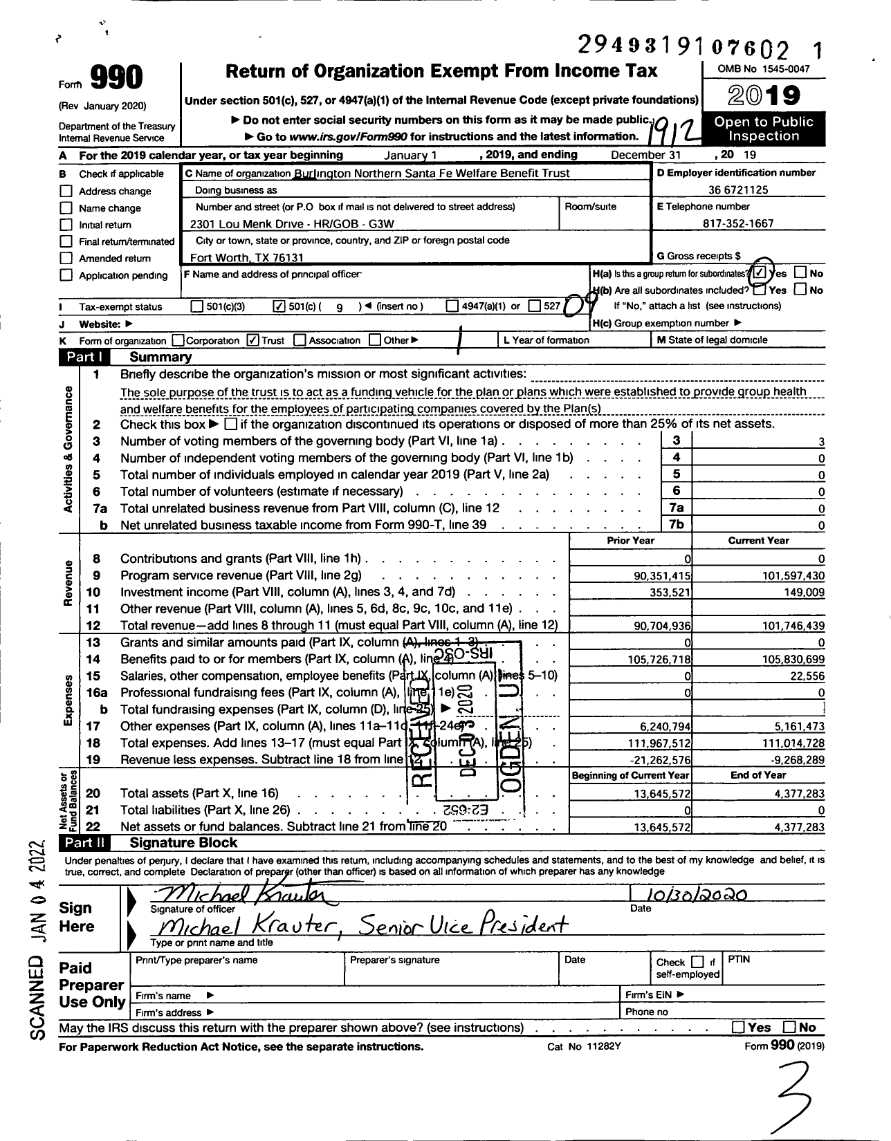 Image of first page of 2019 Form 990O for Burlington Northern Santa Fe Welfare Benefit Trust