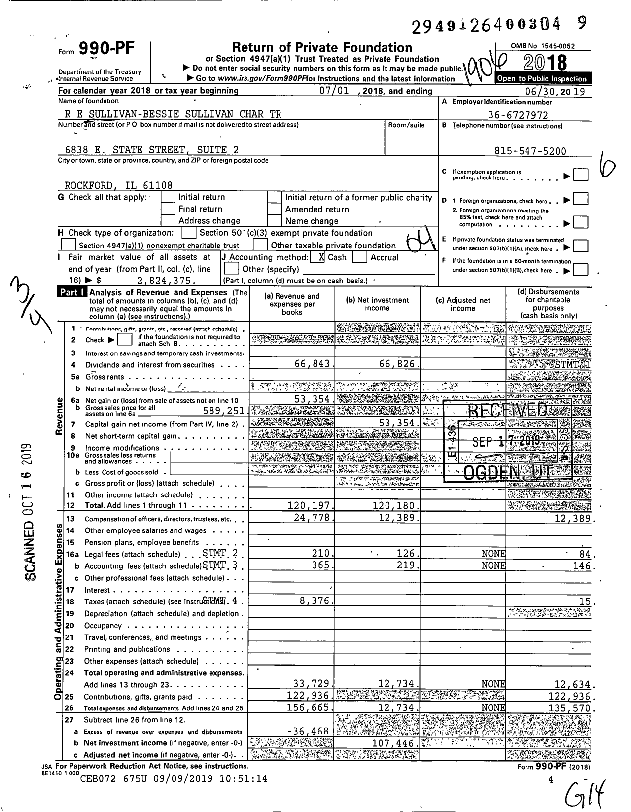 Image of first page of 2018 Form 990PF for R E Sullivan-Bessie Sullivan Charitable Trust