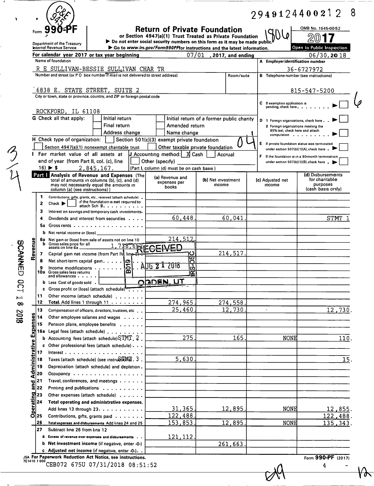 Image of first page of 2017 Form 990PF for R E Sullivan-Bessie Sullivan Charitable Trust