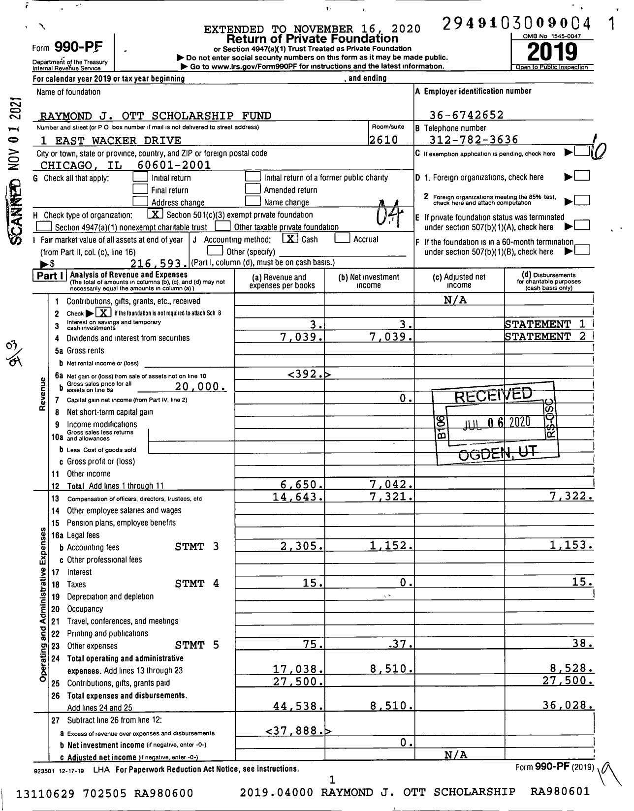 Image of first page of 2019 Form 990PF for Raymond J Ott Scholarship Fund