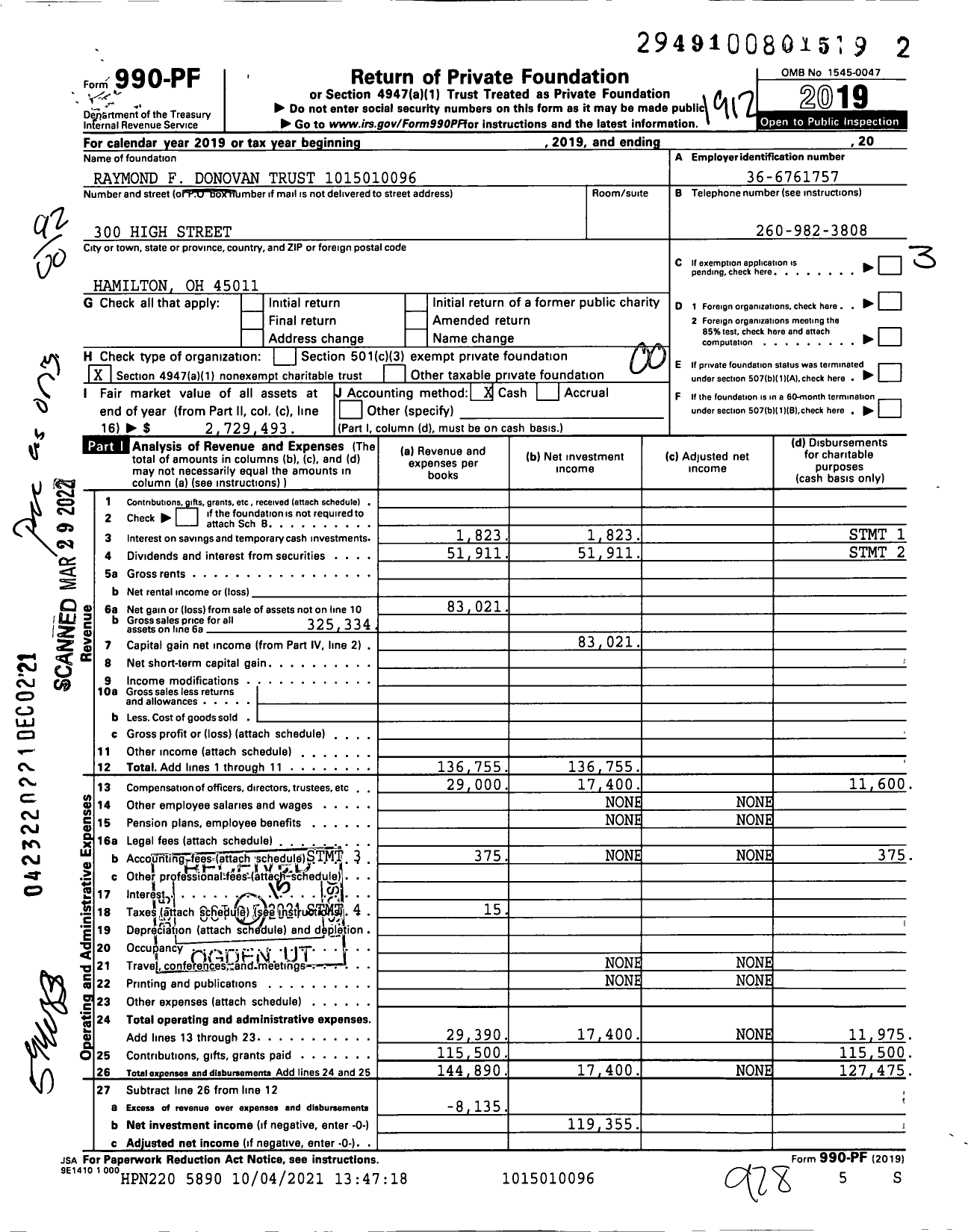 Image of first page of 2019 Form 990PF for Raymond F Donovan Trust 1015010096