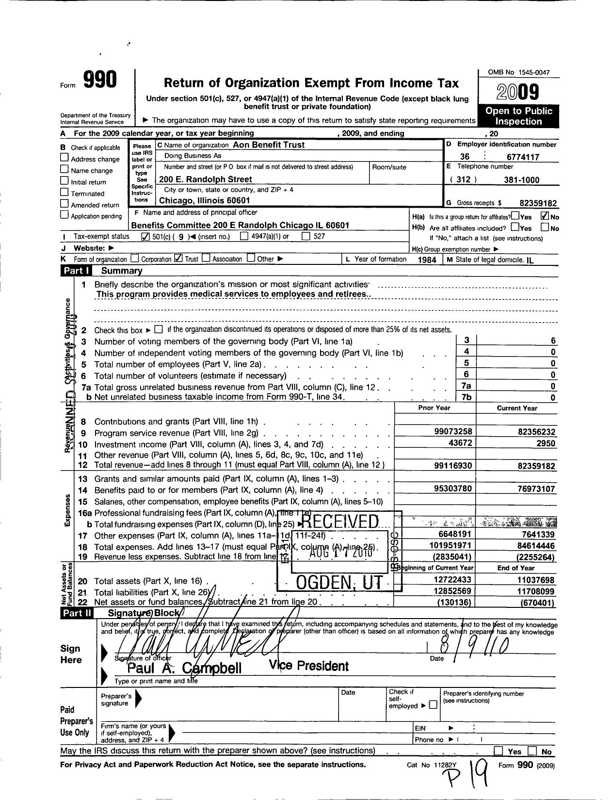 Image of first page of 2009 Form 990O for Aon Benefit Trust