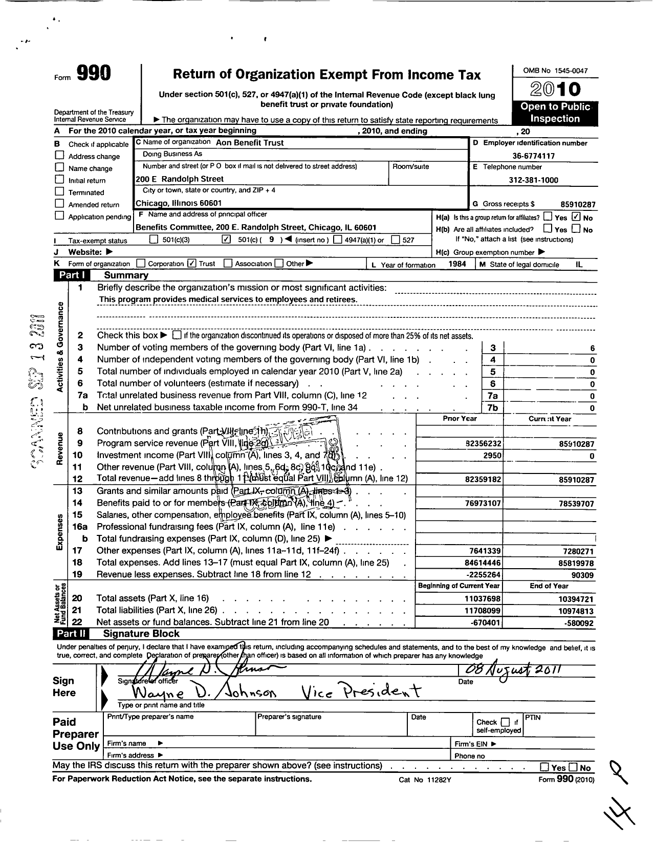 Image of first page of 2010 Form 990O for Aon Benefit Trust