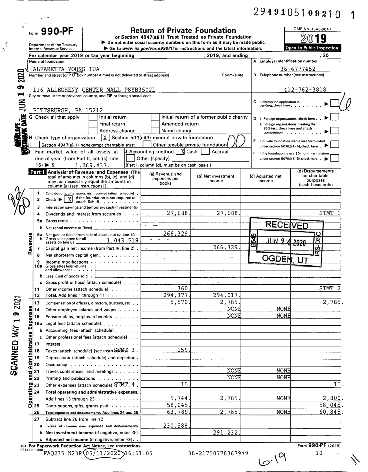 Image of first page of 2019 Form 990PF for Alfaretta Young Tua