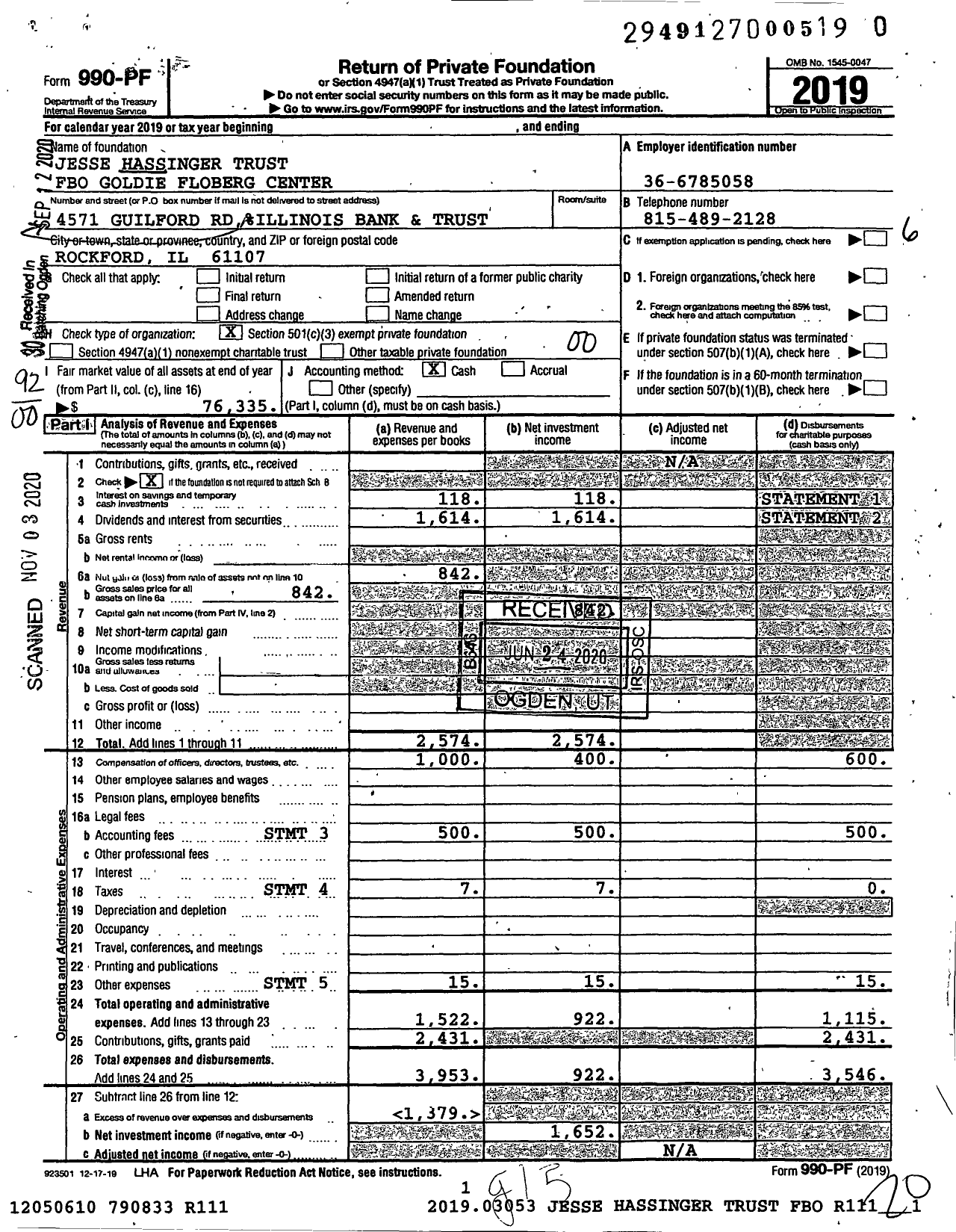 Image of first page of 2019 Form 990PF for Hassinger Trust Fbo Goldie B Floberg Center