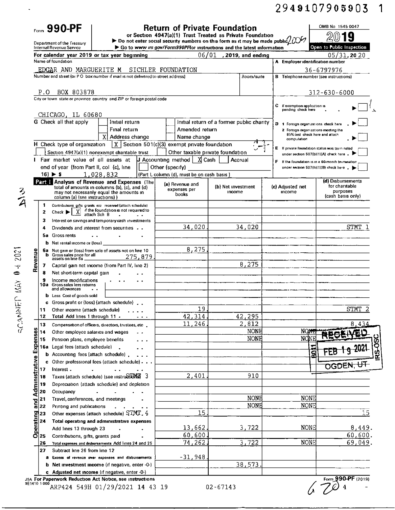 Image of first page of 2019 Form 990PF for Edgar and Marguerite M Sichler Foundation