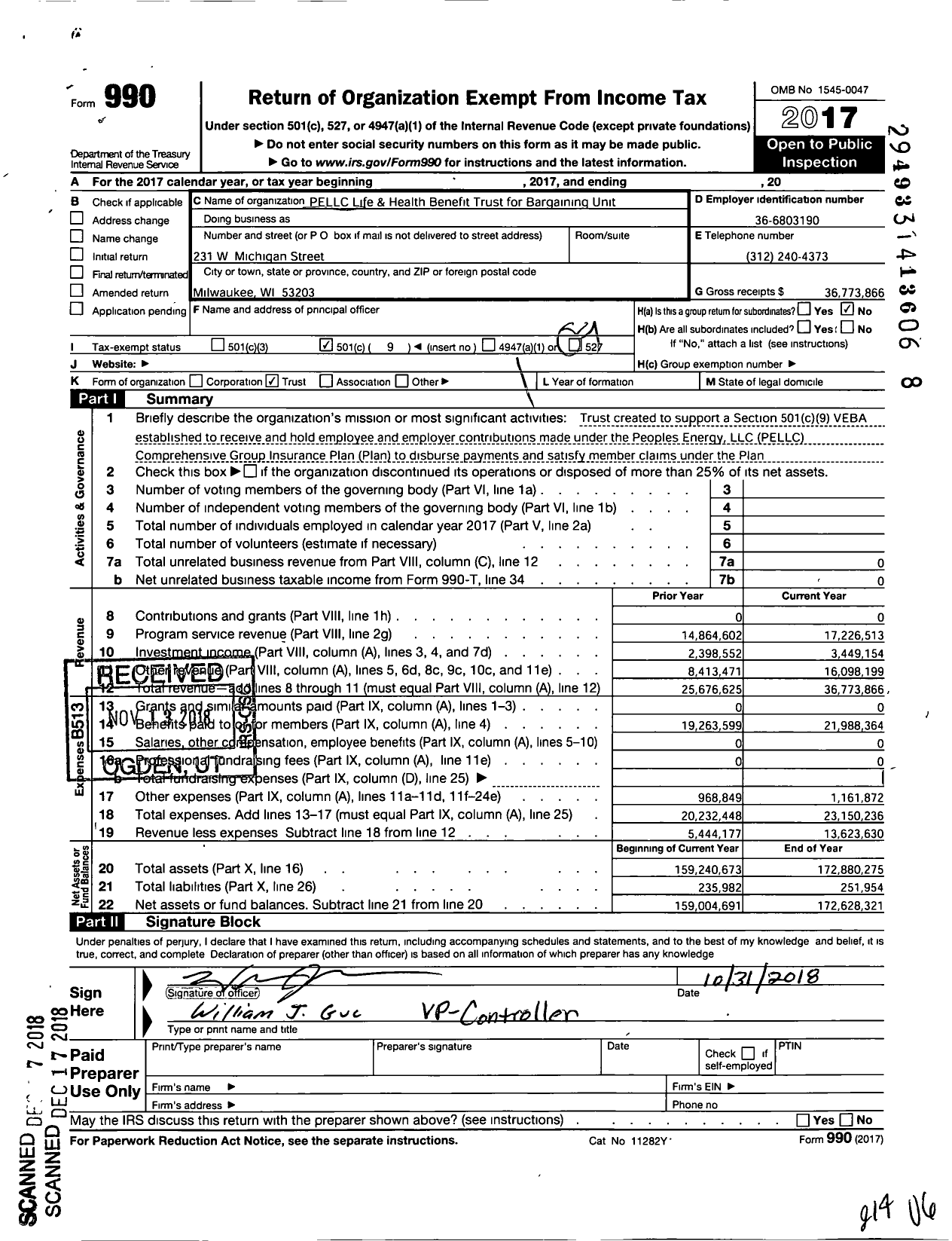 Image of first page of 2017 Form 990O for Peoples Energy Corporation Life & Health Benefit Trust