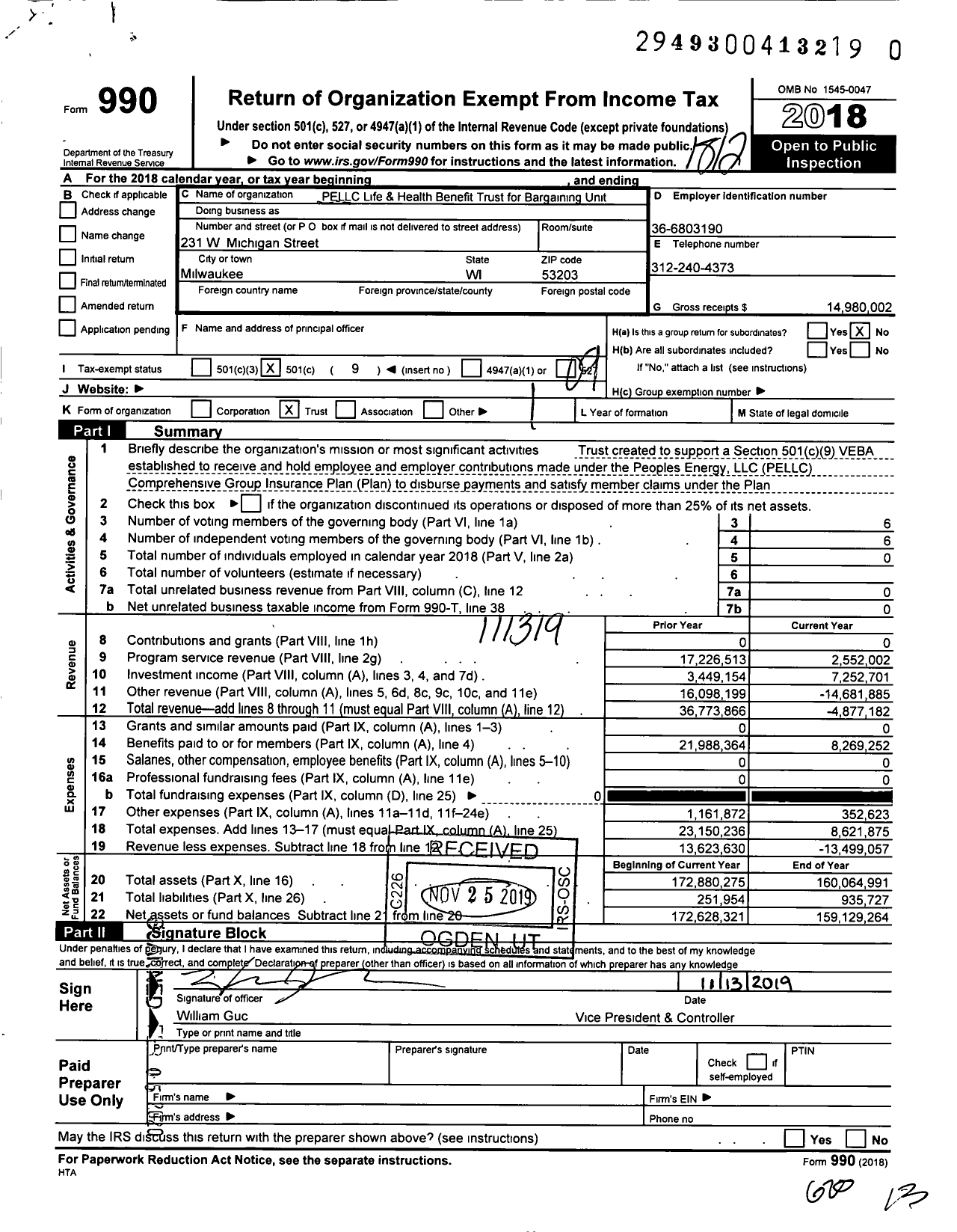 Image of first page of 2018 Form 990O for Peoples Energy Corporation Life & Health Benefit Trust