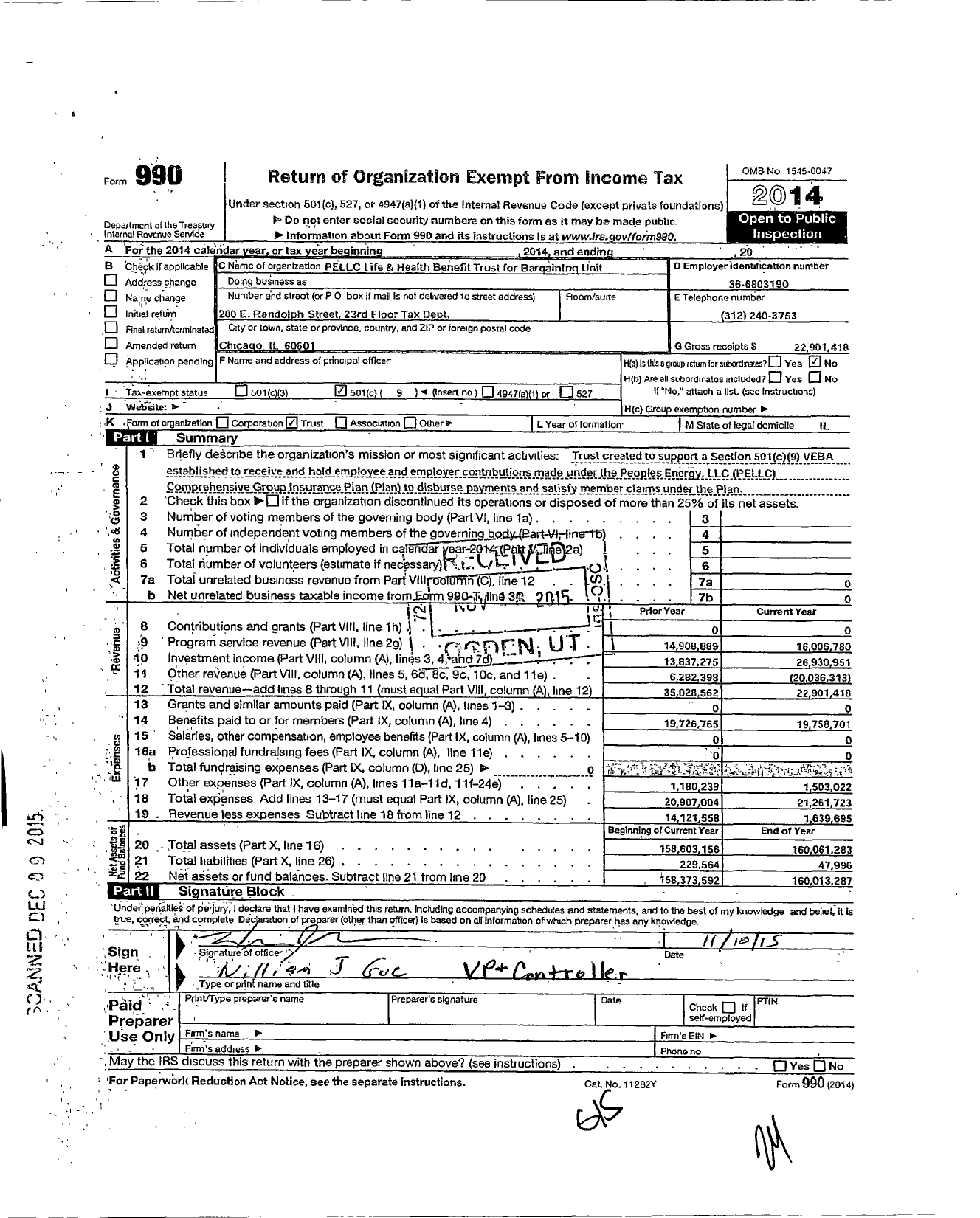 Image of first page of 2014 Form 990O for Peoples Energy Corporation Life & Health Benefit Trust