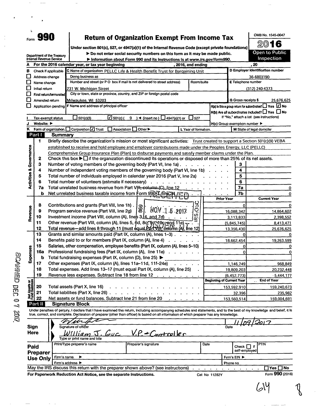 Image of first page of 2016 Form 990O for Peoples Energy Corporation Life & Health Benefit Trust