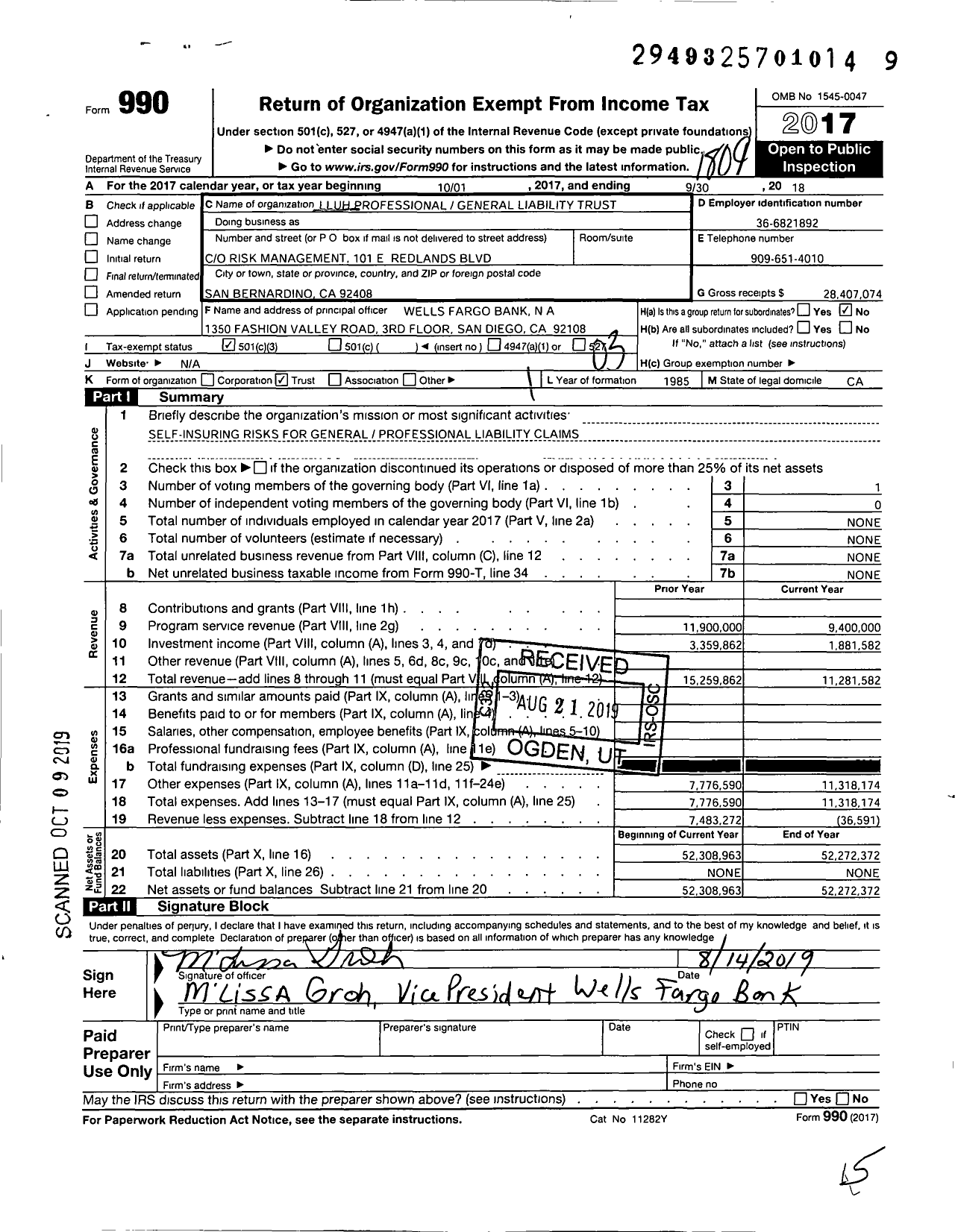 Image of first page of 2017 Form 990 for Loma Linda University Adventist Health Sciences Cnter Liability Trust