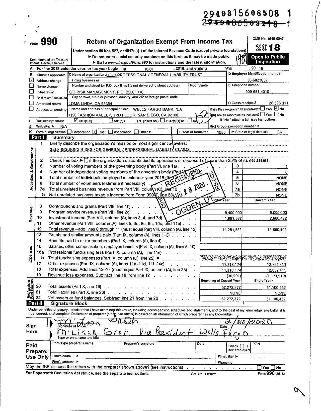 Image of first page of 2018 Form 990 for Loma Linda University Adventist Health Sciences Cnter Liability Trust