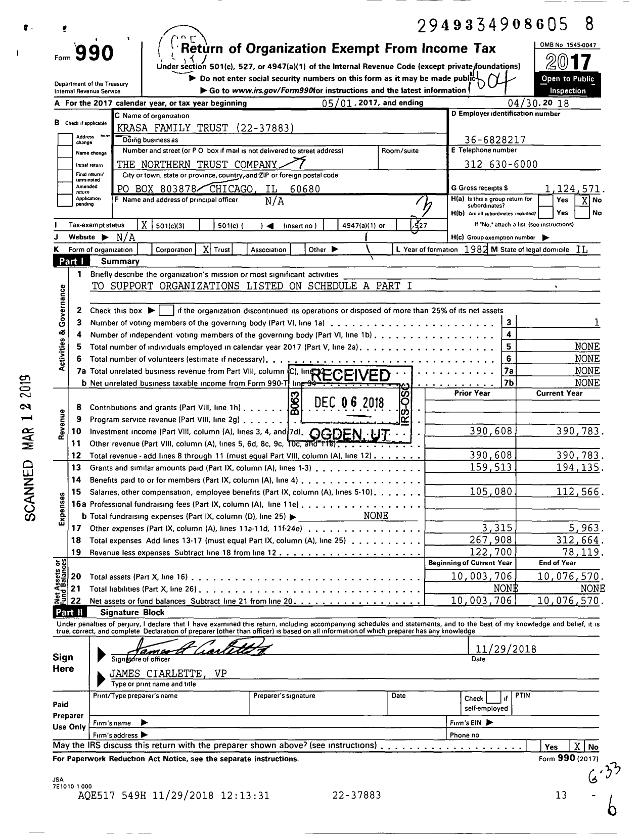 Image of first page of 2017 Form 990 for Krasa Family Trust