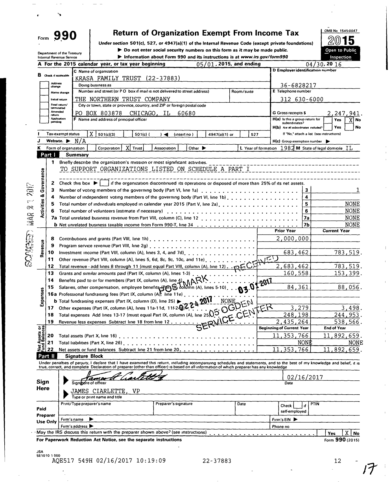 Image of first page of 2015 Form 990 for Krasa Family Trust