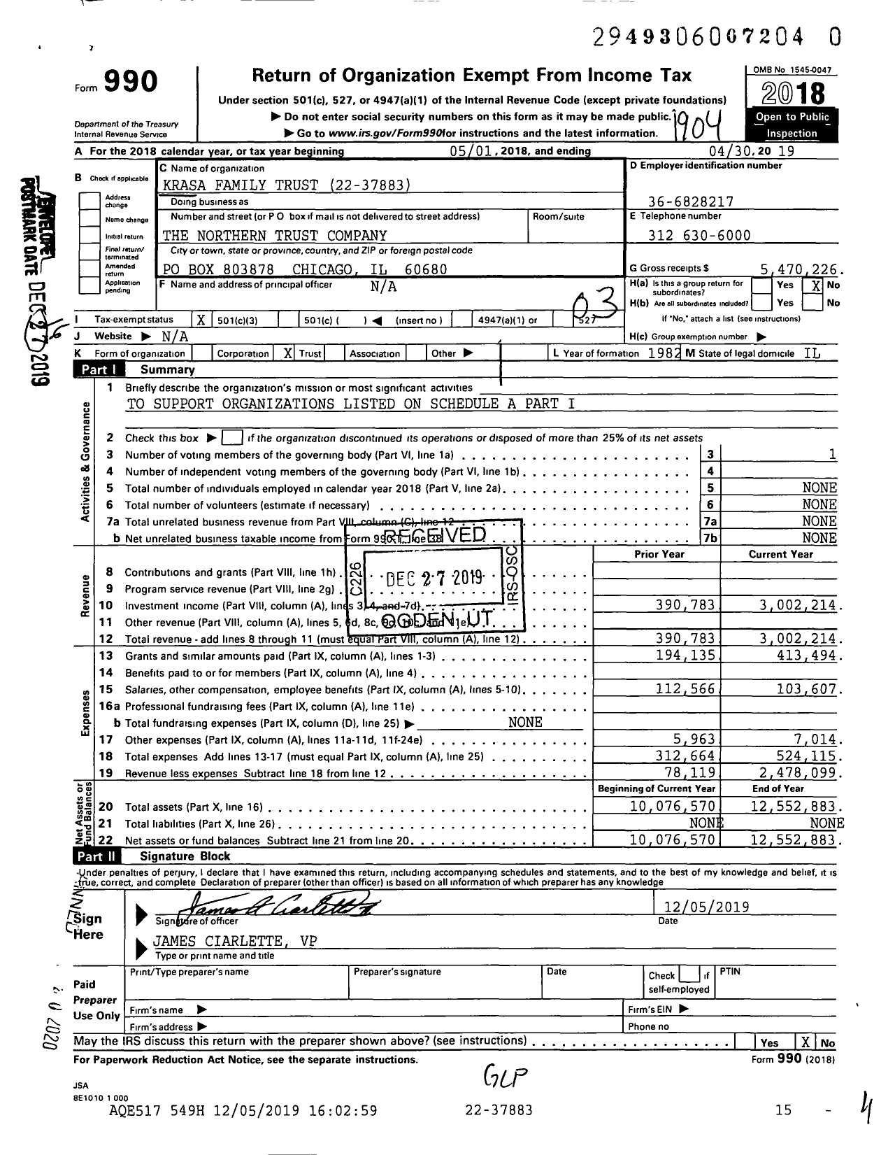 Image of first page of 2018 Form 990 for Krasa Family Trust
