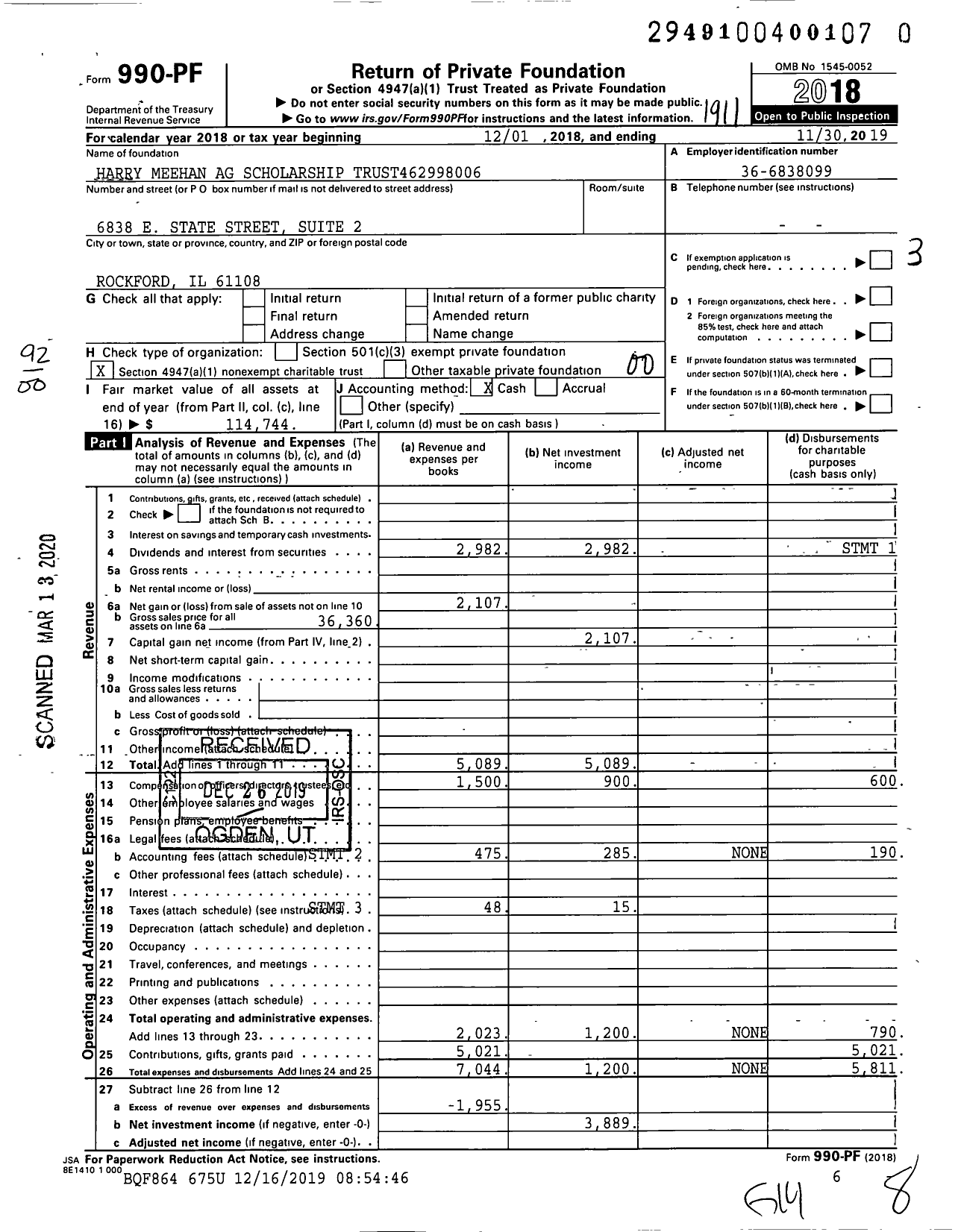 Image of first page of 2018 Form 990PR for Harry Meehan Ag Scholarship Trust462998006