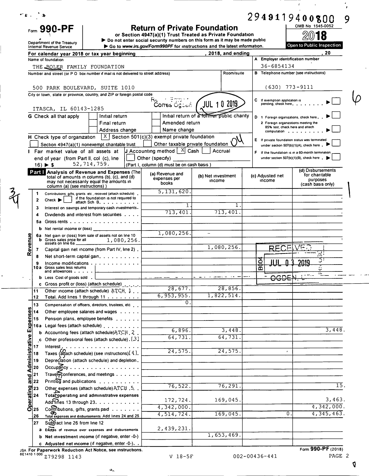 Image of first page of 2018 Form 990PF for The Boler Family Foundation