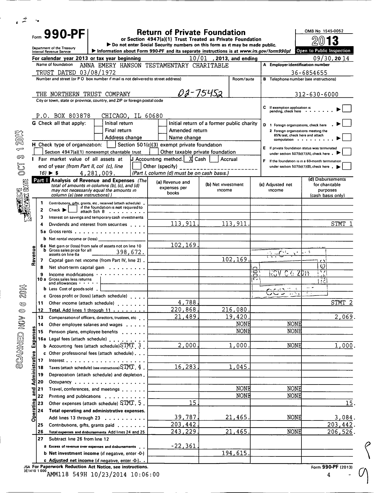 Image of first page of 2013 Form 990PF for Anna Emery Hanson Testamentary Charitable Trust