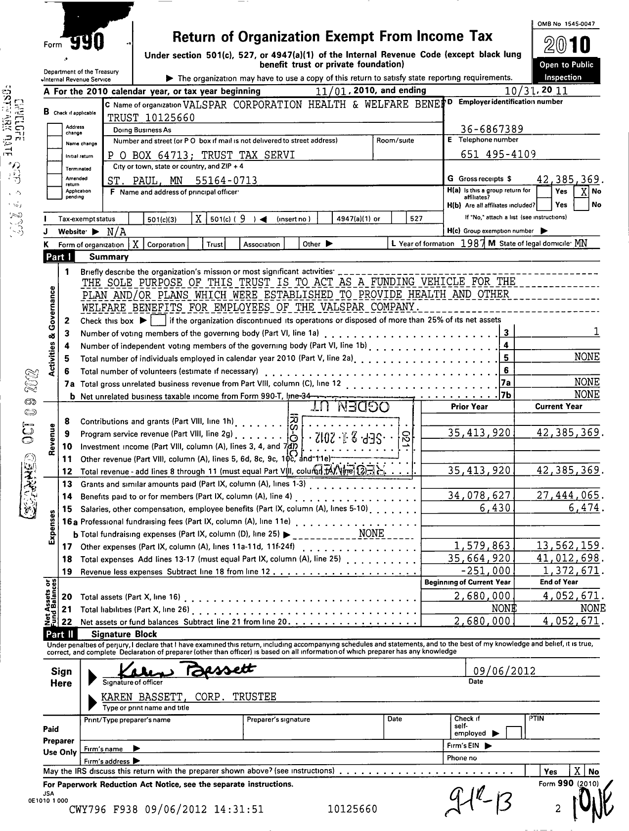 Image of first page of 2010 Form 990O for Valspar Corporation Health and Welfare Benef Trust