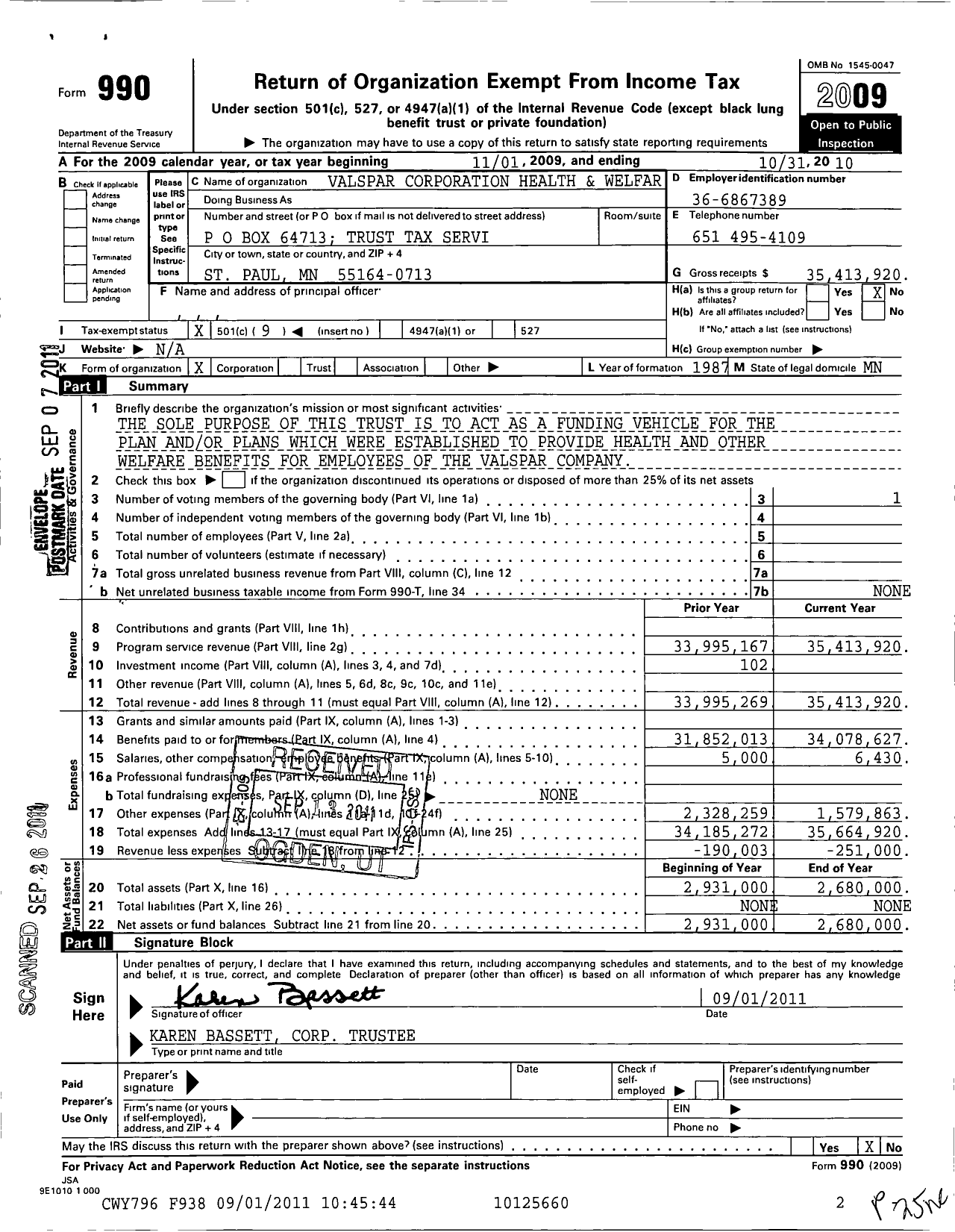 Image of first page of 2010 Form 990O for Valspar Corporation Health and Welfare Benef Trust