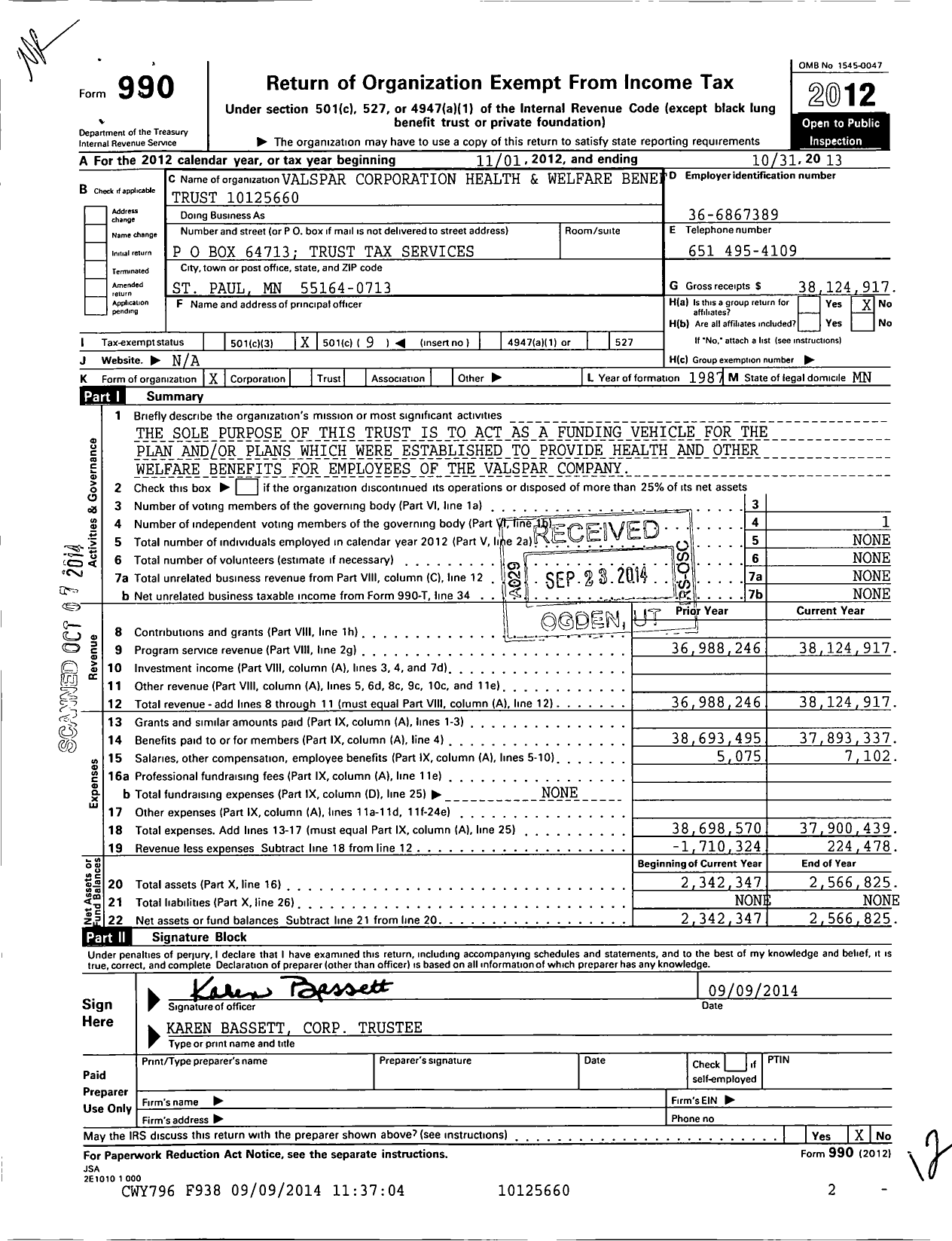 Image of first page of 2012 Form 990O for Valspar Corporation Health and Welfare Benef Trust