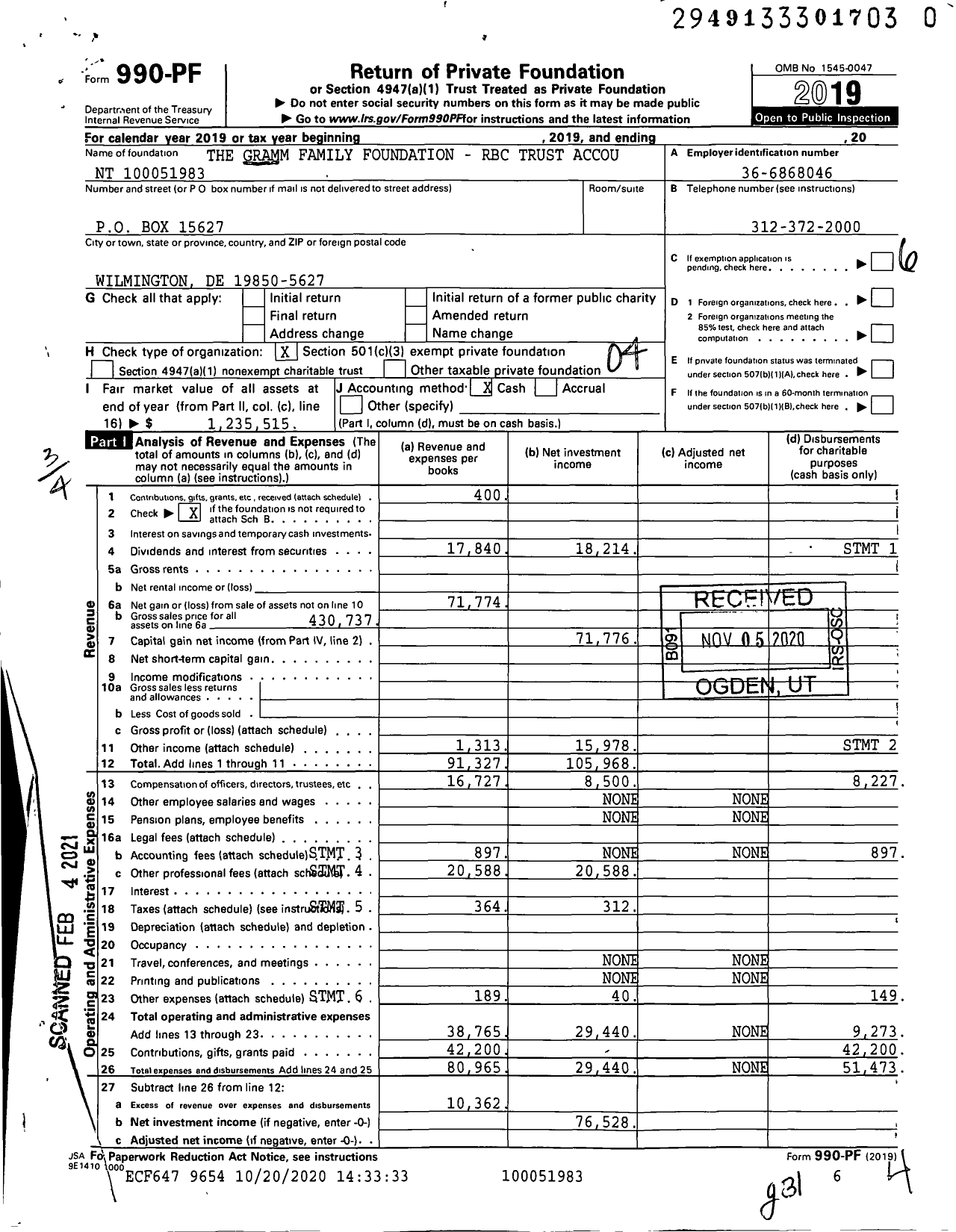 Image of first page of 2019 Form 990PF for The Gramm Family Foundation - RBC Trust Accou