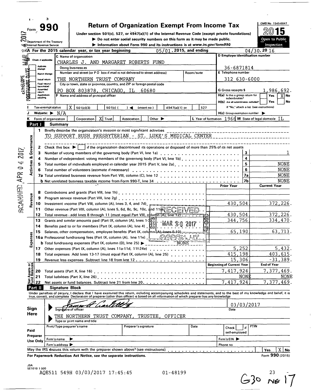 Image of first page of 2015 Form 990 for Charles J and Margaret Roberts Fund