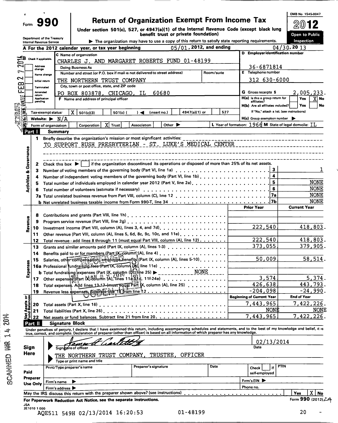 Image of first page of 2012 Form 990 for Charles J and Margaret Roberts Fund