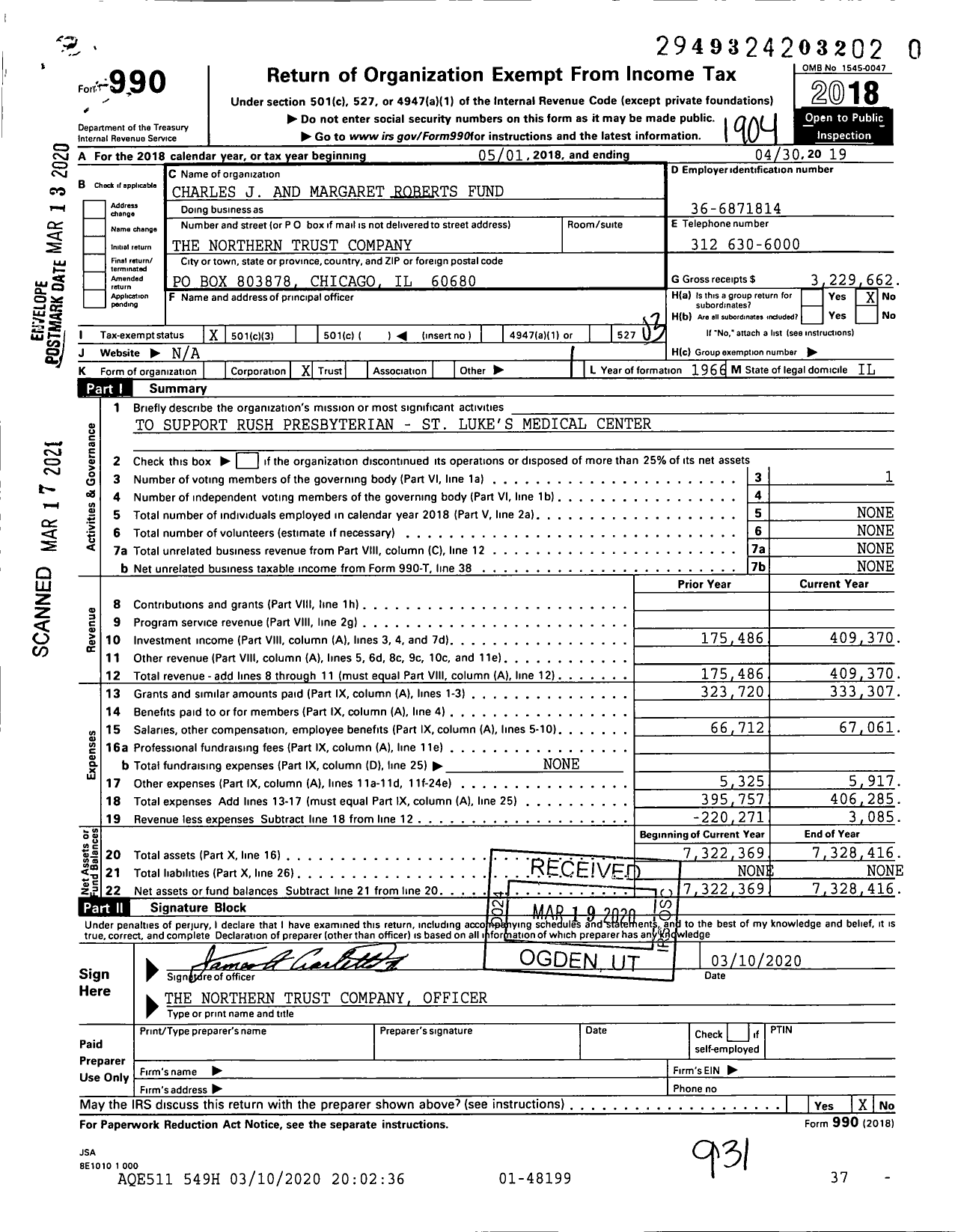 Image of first page of 2018 Form 990 for Charles J and Margaret Roberts Fund