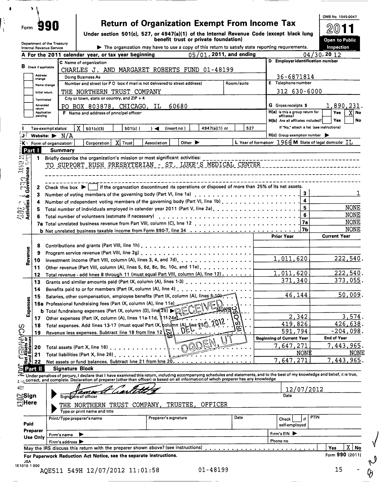Image of first page of 2011 Form 990 for Charles J and Margaret Roberts Fund